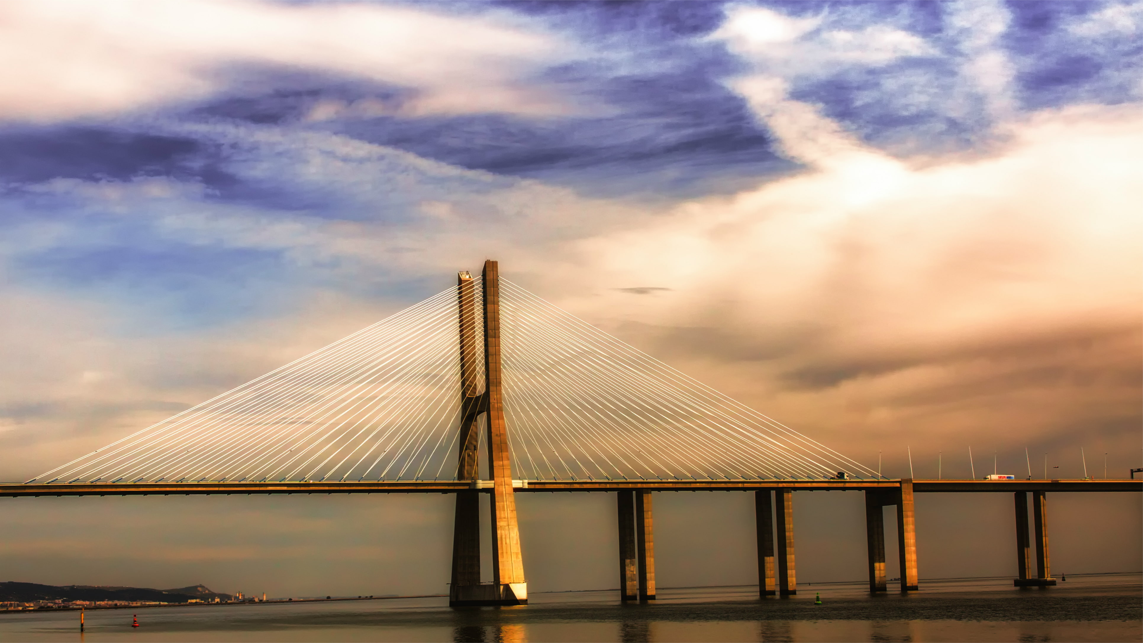 the sky, Lisbon, bridge, clouds, Tagus, blue, river, Portugal, 4K, HD Wallpaper