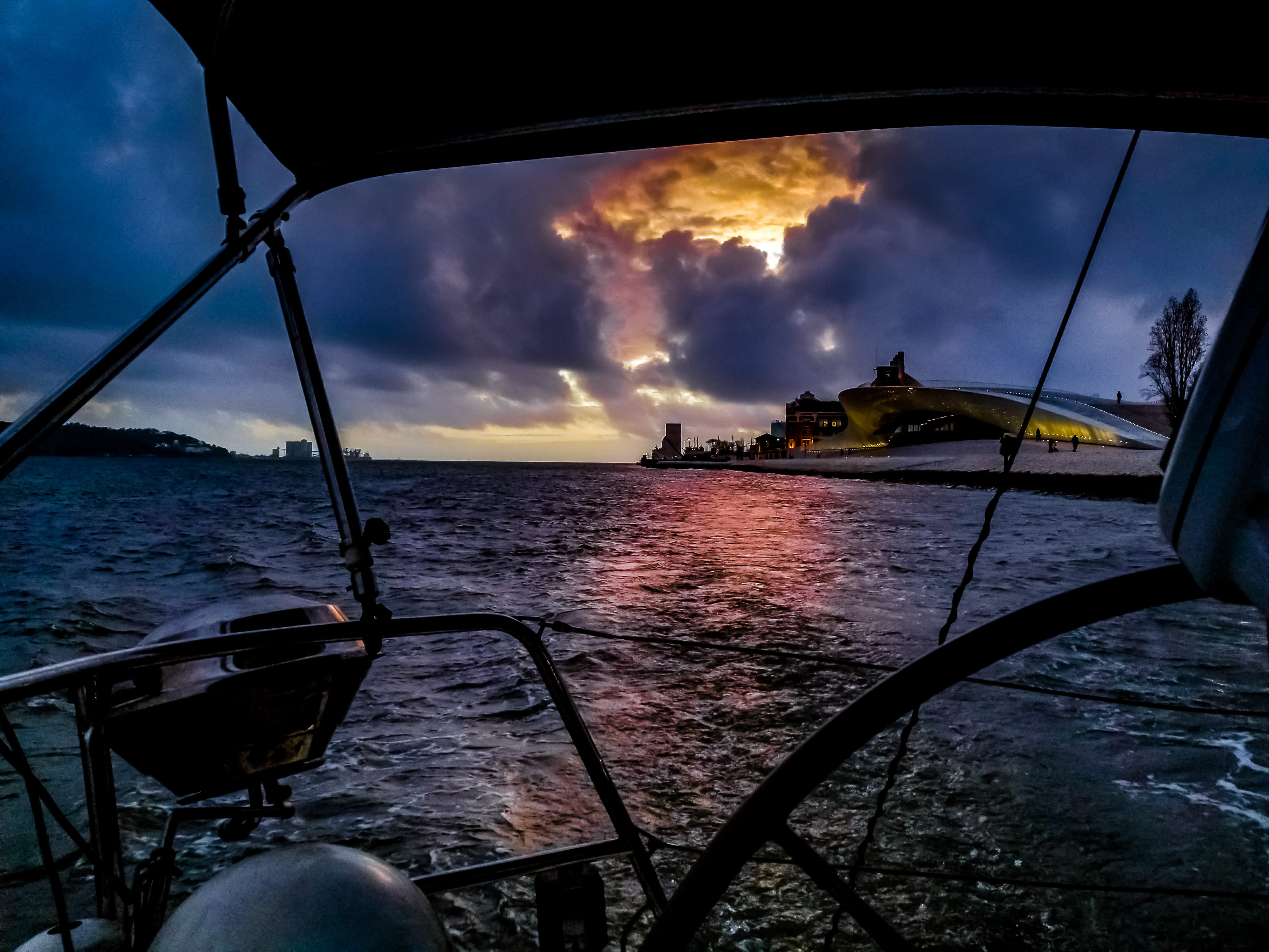 cloud - sky, reflection, transportation, tranquility, sky, tranquil scene, water, travel, vehicle interior, tagus, no people, lisbon, sailing, nautical vessel, HD Wallpaper
