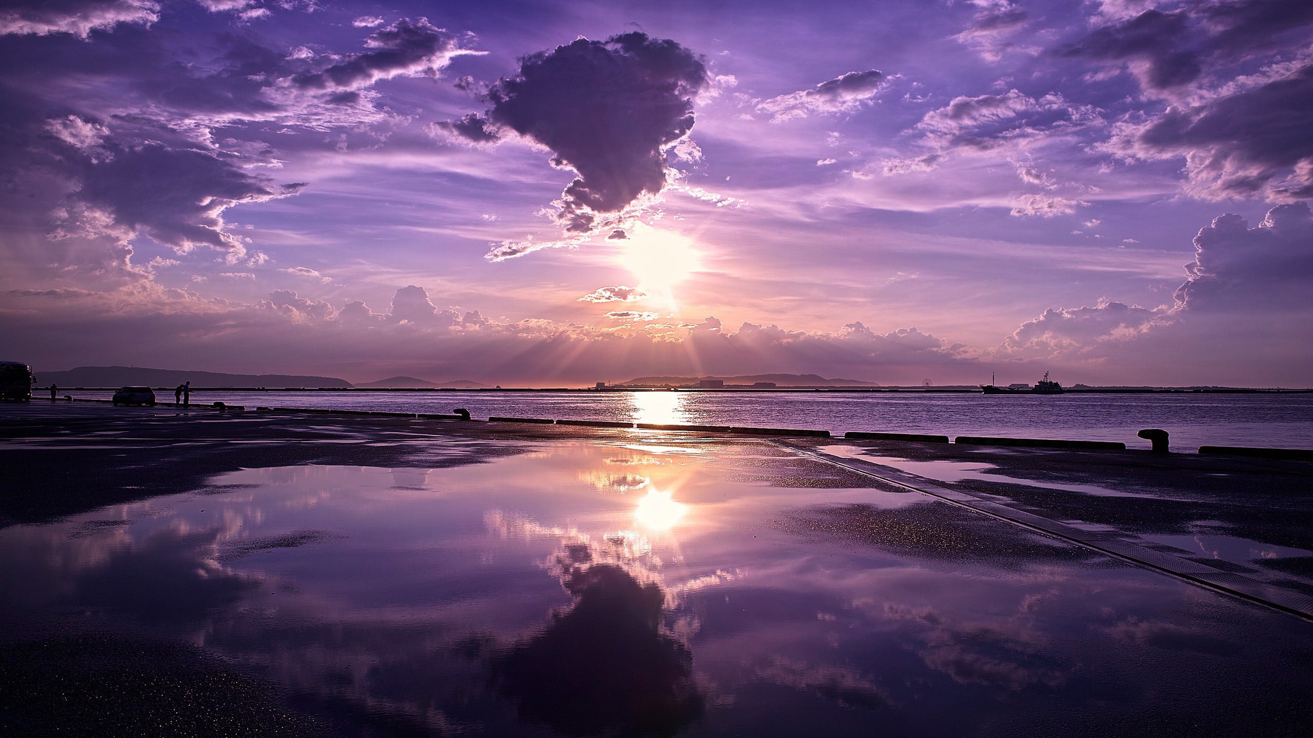 reflection, 2K, outdoors, beach, scenics - nature, sun, horizon over water, sky, horizon, sea, land, cloud - sky, water, lagoon, tranquil scene, clouds, HD Wallpaper