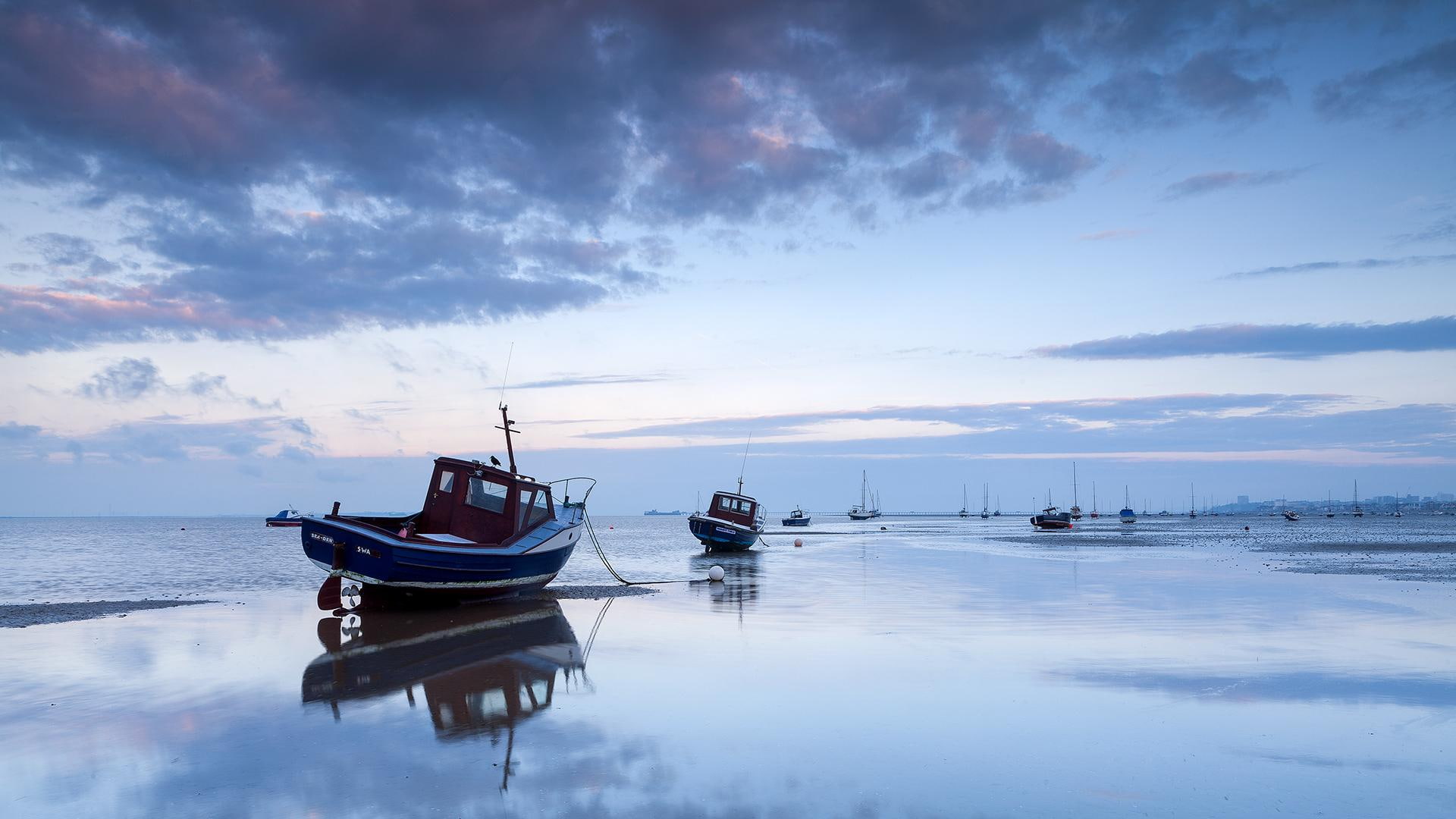 fishing, beach, clouds, tide, low, boats, 1080P, sea, fleet, low tide, HD Wallpaper