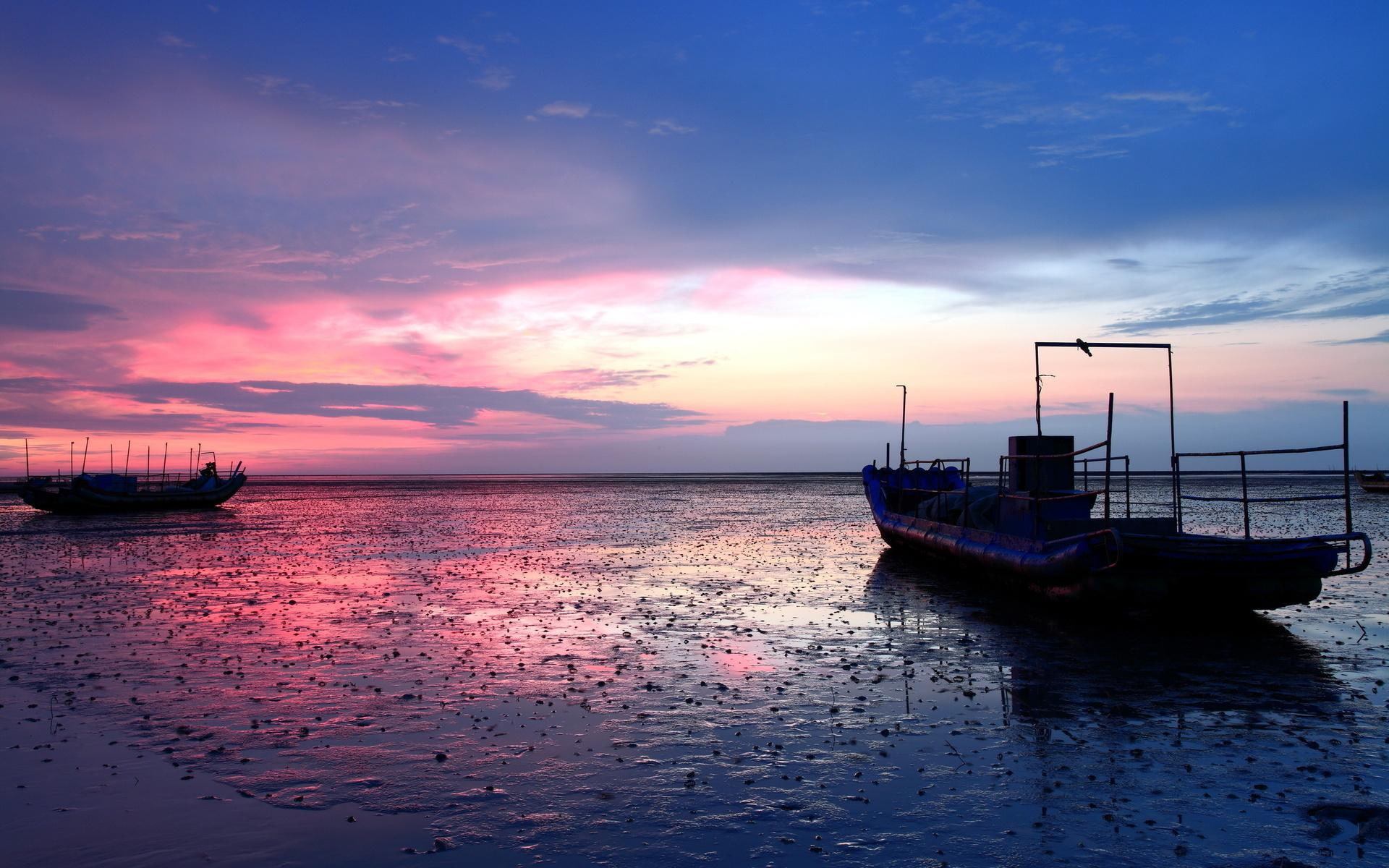 low tide, sunset, boats, clouds, tide, 1080P, beautiful, low, HD Wallpaper