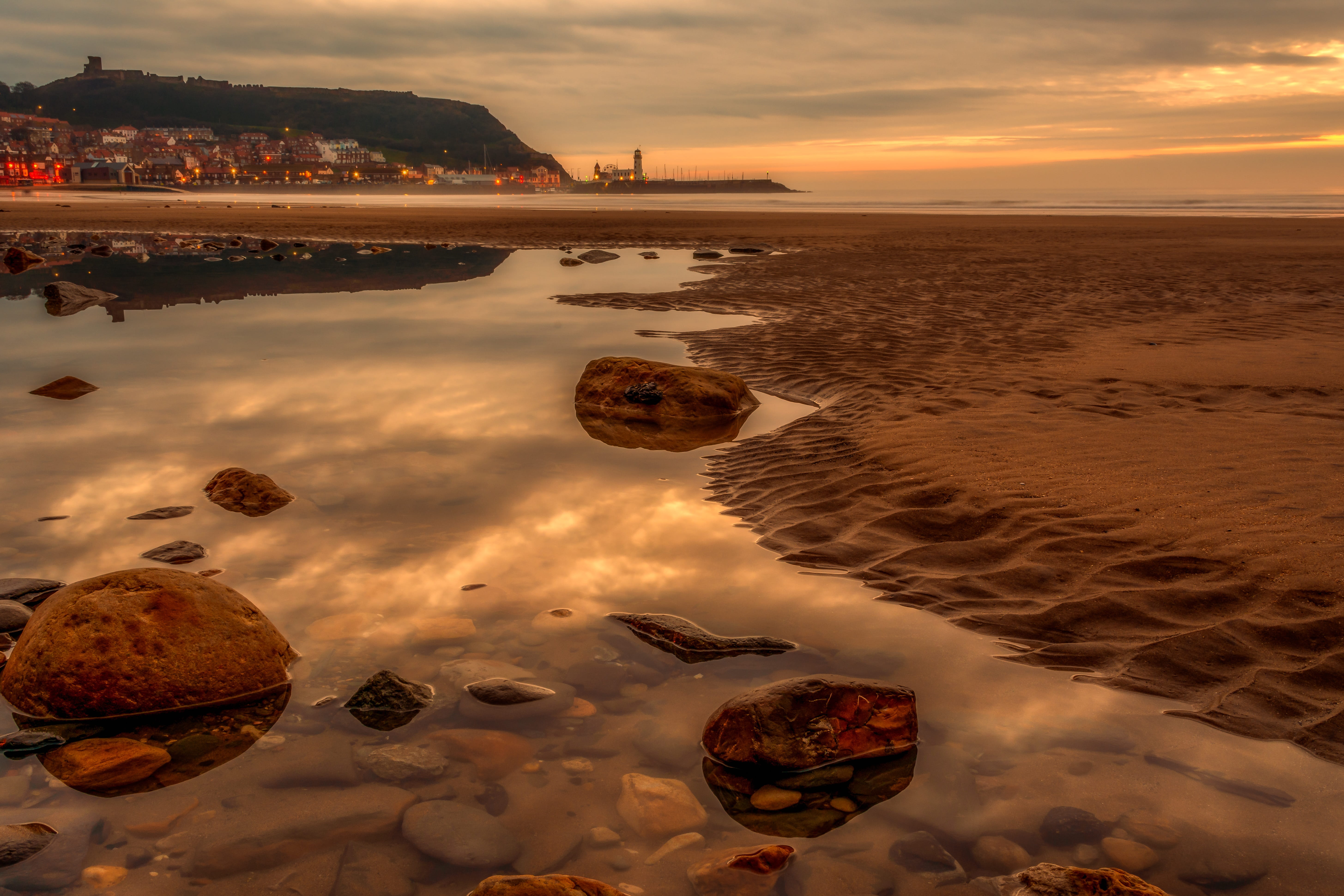 dawn, seascape, tranquil, land, golden hour, tranquility, rock - object, morning, 5K, yorkshire, rock, water, sand, tranquil scene, sky, cloud - sky, beautiful, HD Wallpaper