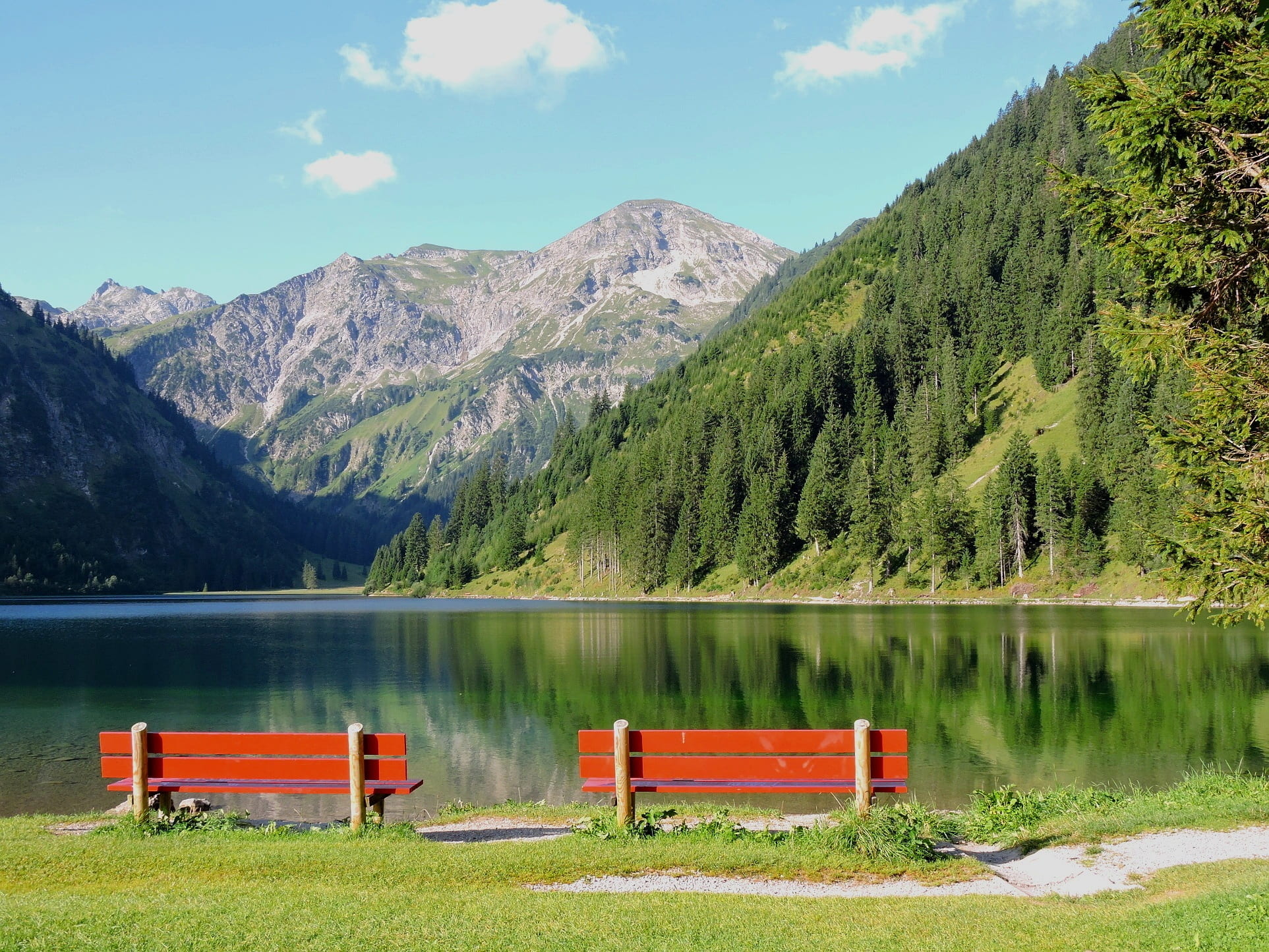 mountain, nature, lake, tannheim, tree, water, non-urban scene, idyllic, 1080P, beauty in nature, seat, scenics - nature, outdoors, no people, plant, chair, HD Wallpaper