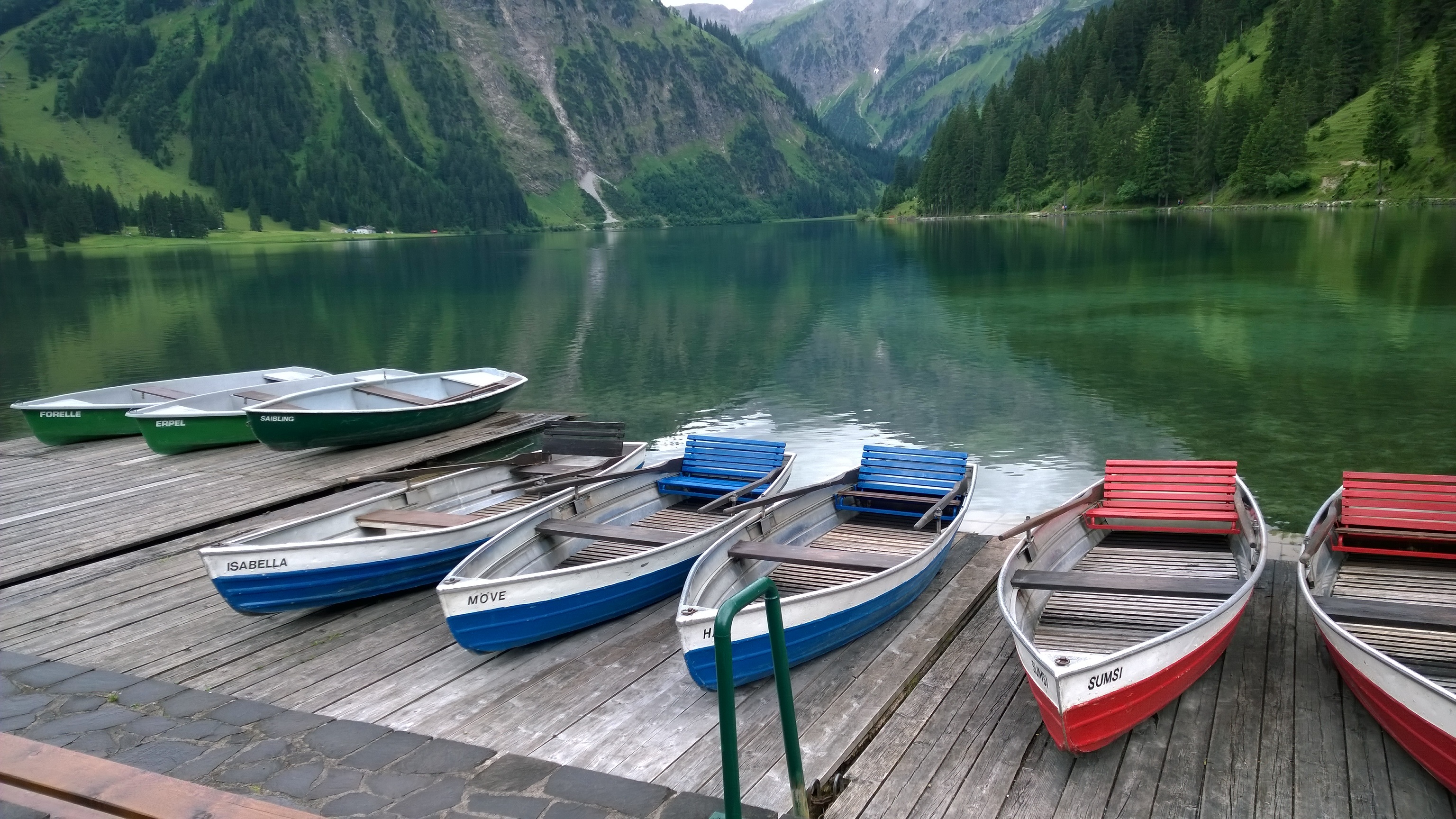 mountain, white, lake, wooden, transportation, rowing boats, vilsalpsee, water, forest, scenics - nature, summer, tannheim, tranquility, landscape, plant, HD Wallpaper