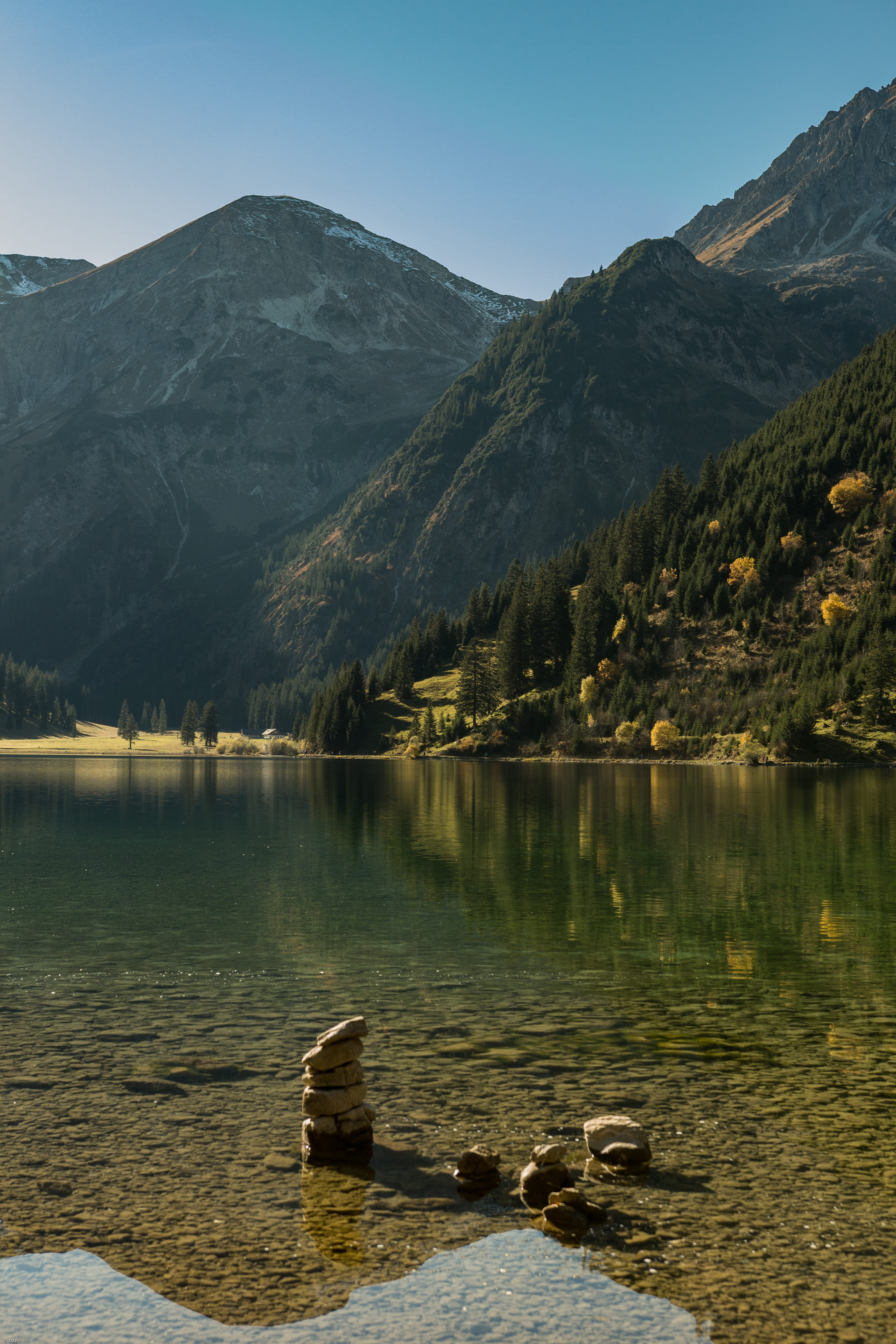tannheim, mountains, autumn, 5K, reflection, lake, vilsalpsee, tranquility, bergsee, nature, mountain peak, sky, clear sky, tranquil scene, waterfront, Phone HD Wallpaper