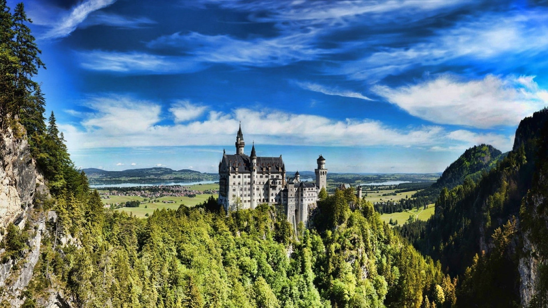 Fussen, beauty in nature, no people, mountain, 1080P, place of worship, plant, cloud - sky, built structure, nature, Germany, outdoors, Neuschwanstein castle, HD Wallpaper