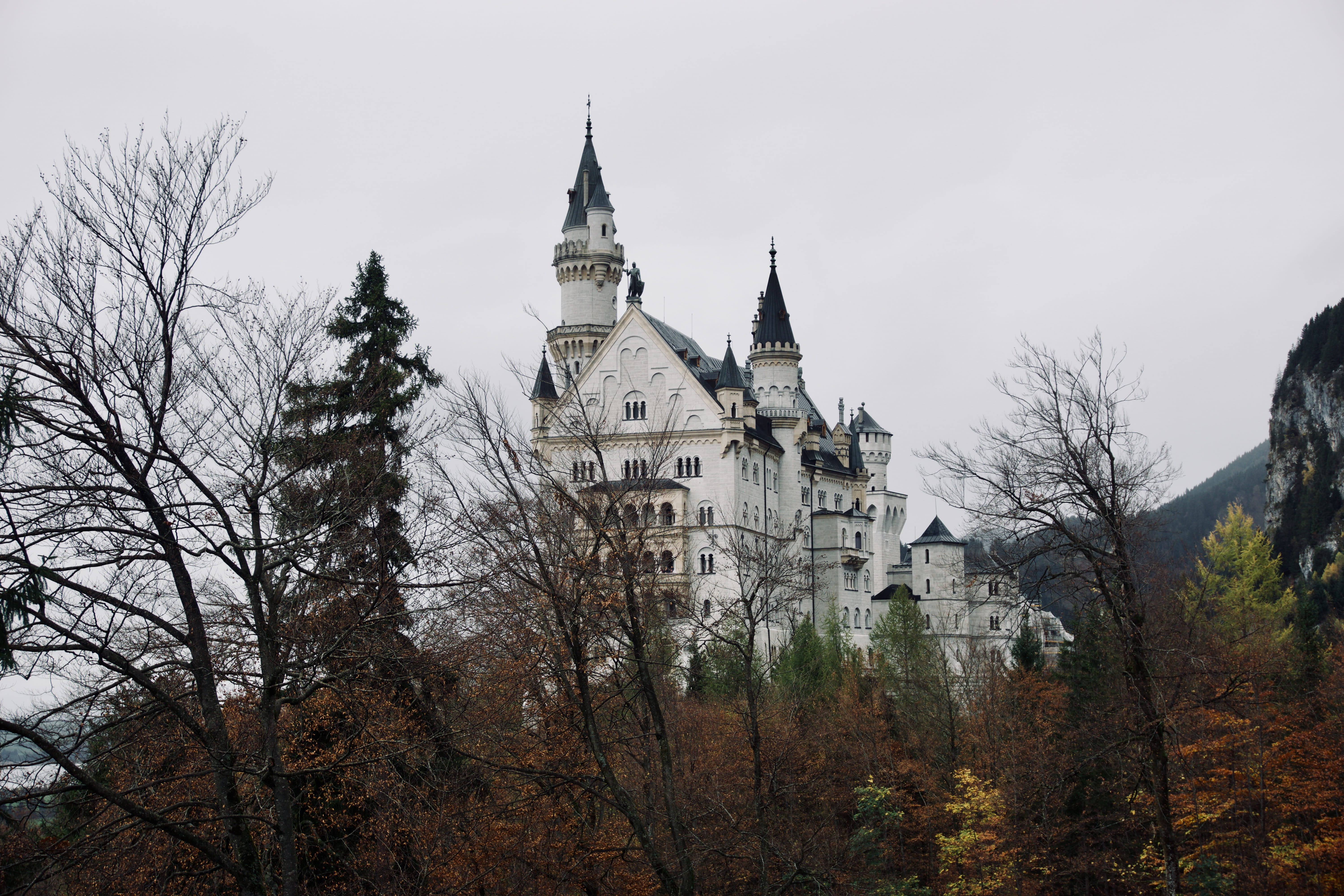 low angle view, castle, autumn, place of worship, bare tree, architecture, the past, neuschwanstein, nature, bavaria, travel destinations, building exterior, HD Wallpaper