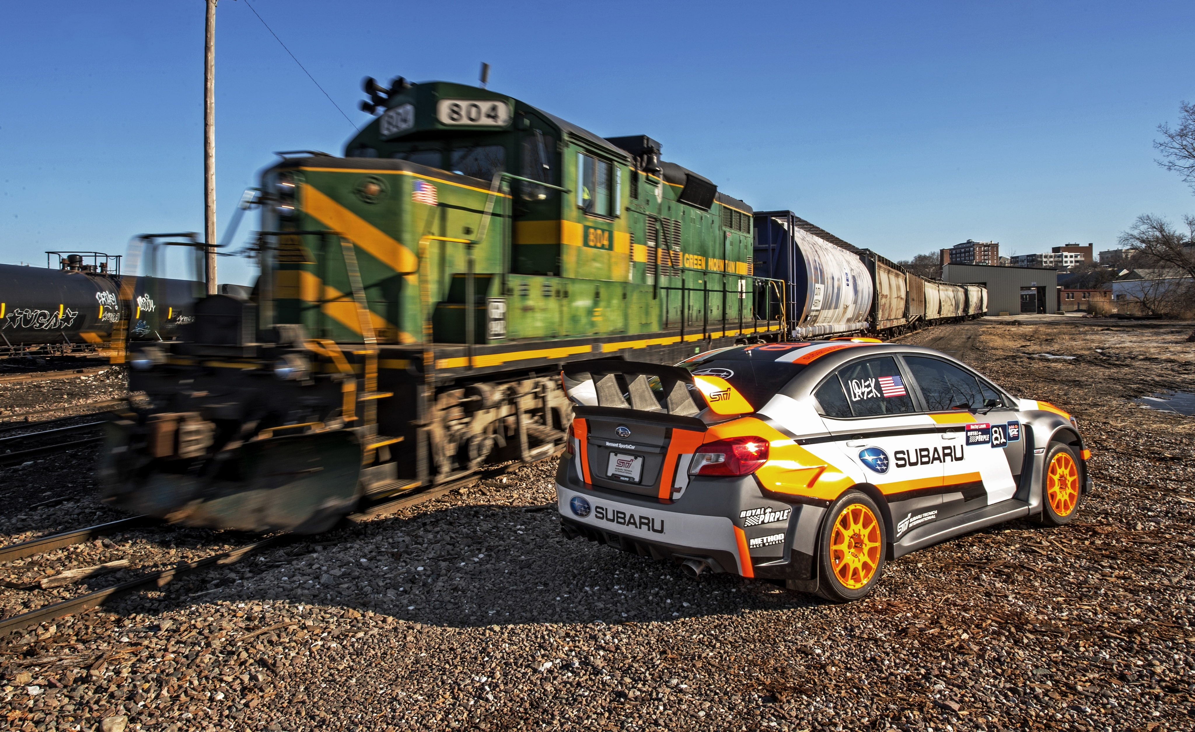 WRX, Subaru, 2015, train, railroad, 4K, Rallycross, STI, HD Wallpaper