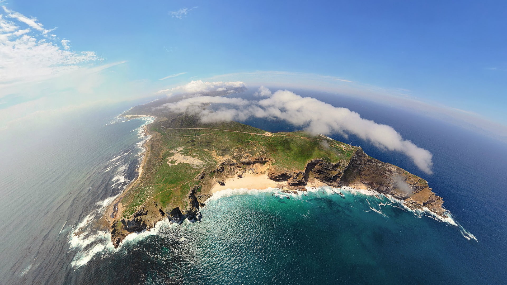 1080P, clouds, aerial view, Africa, nature, landscape, fisheye lens, mountains, sea, GoPro, cliff, waves, island, HD Wallpaper