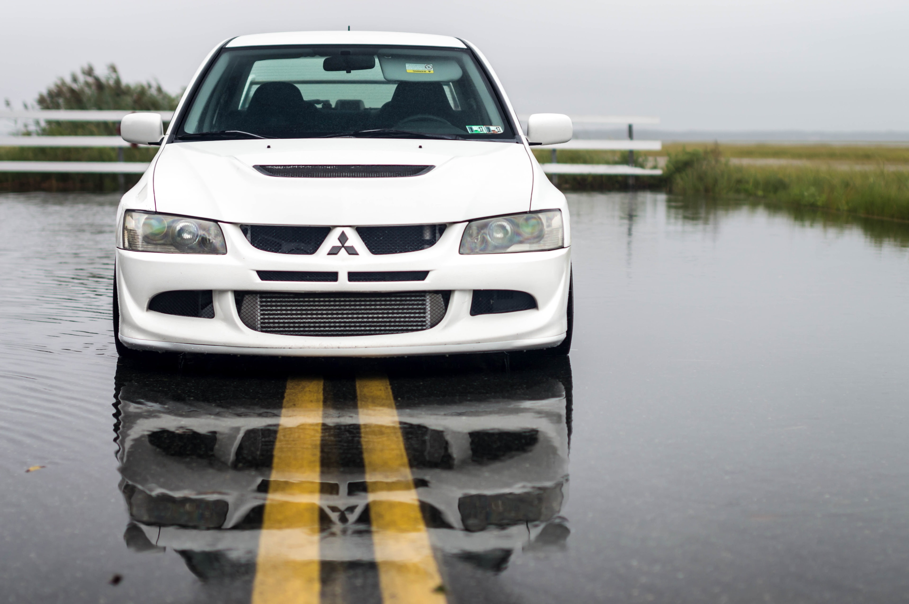 land vehicle, car, mitsubishi lancer evolution viii 4k hd, 4K, motor vehicle, reflection, mode of transportation, lake, nature, front view, rainy season, HD Wallpaper