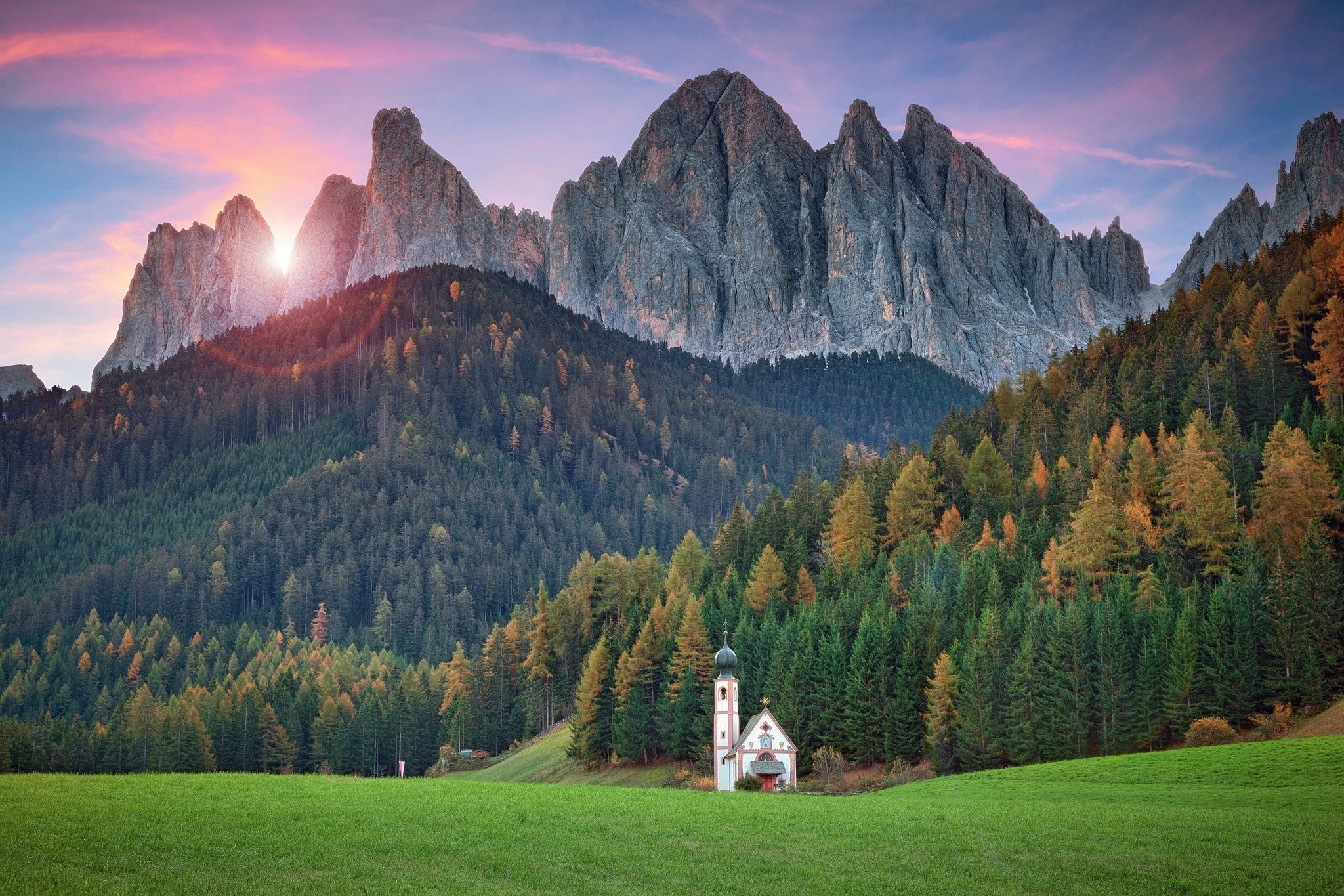 1080P, forest, grass, mountains, chapel, temple, landscape, HD Wallpaper