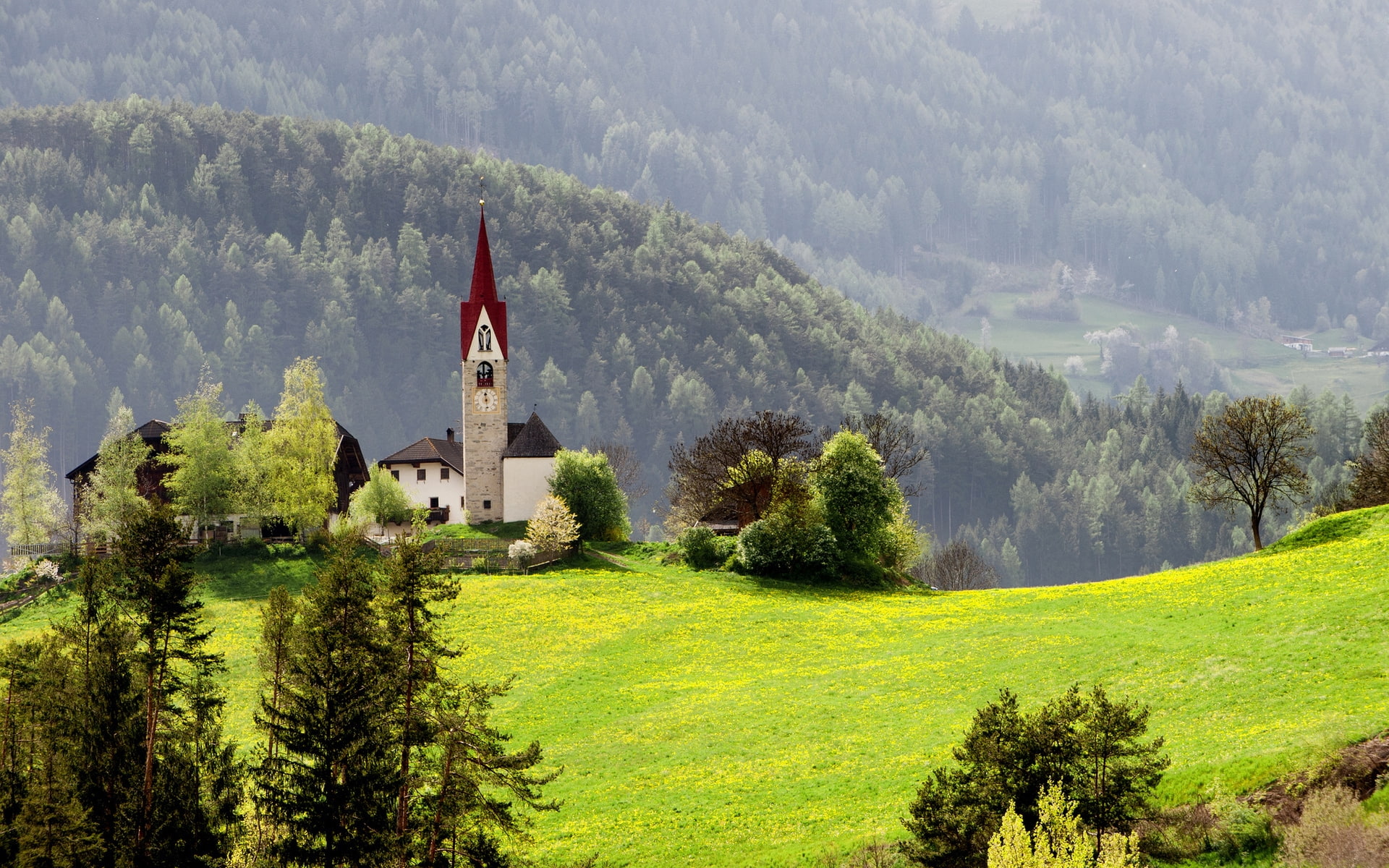 landscape, beautiful, grass, chapel, background, forest, 1080P, mountains, HD Wallpaper