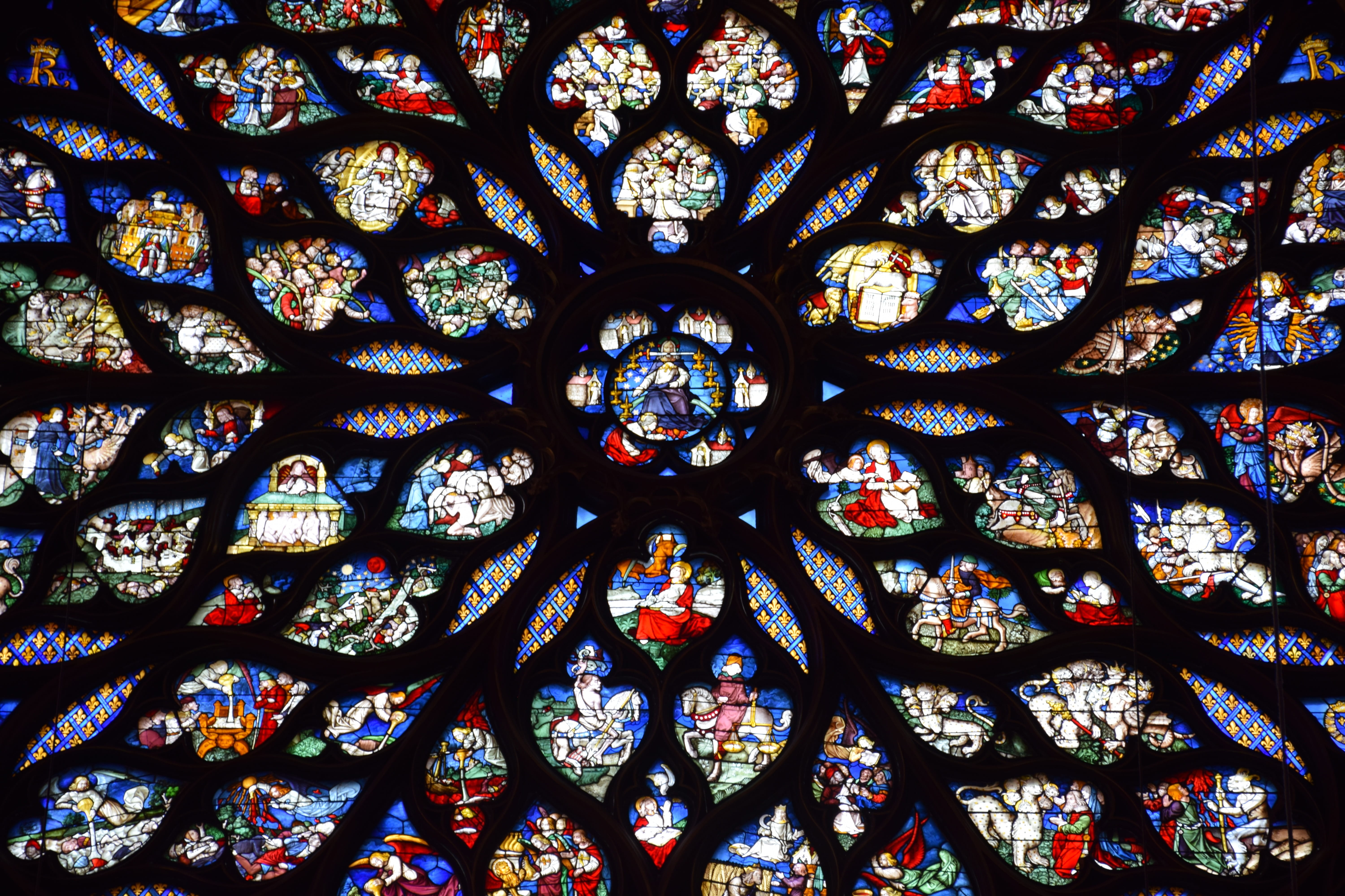 no people, famous, building, glass, gothic, 5K, church, ceiling, full frame, color, backgrounds, floral pattern, spirituality, window, ornate, built structure, HD Wallpaper