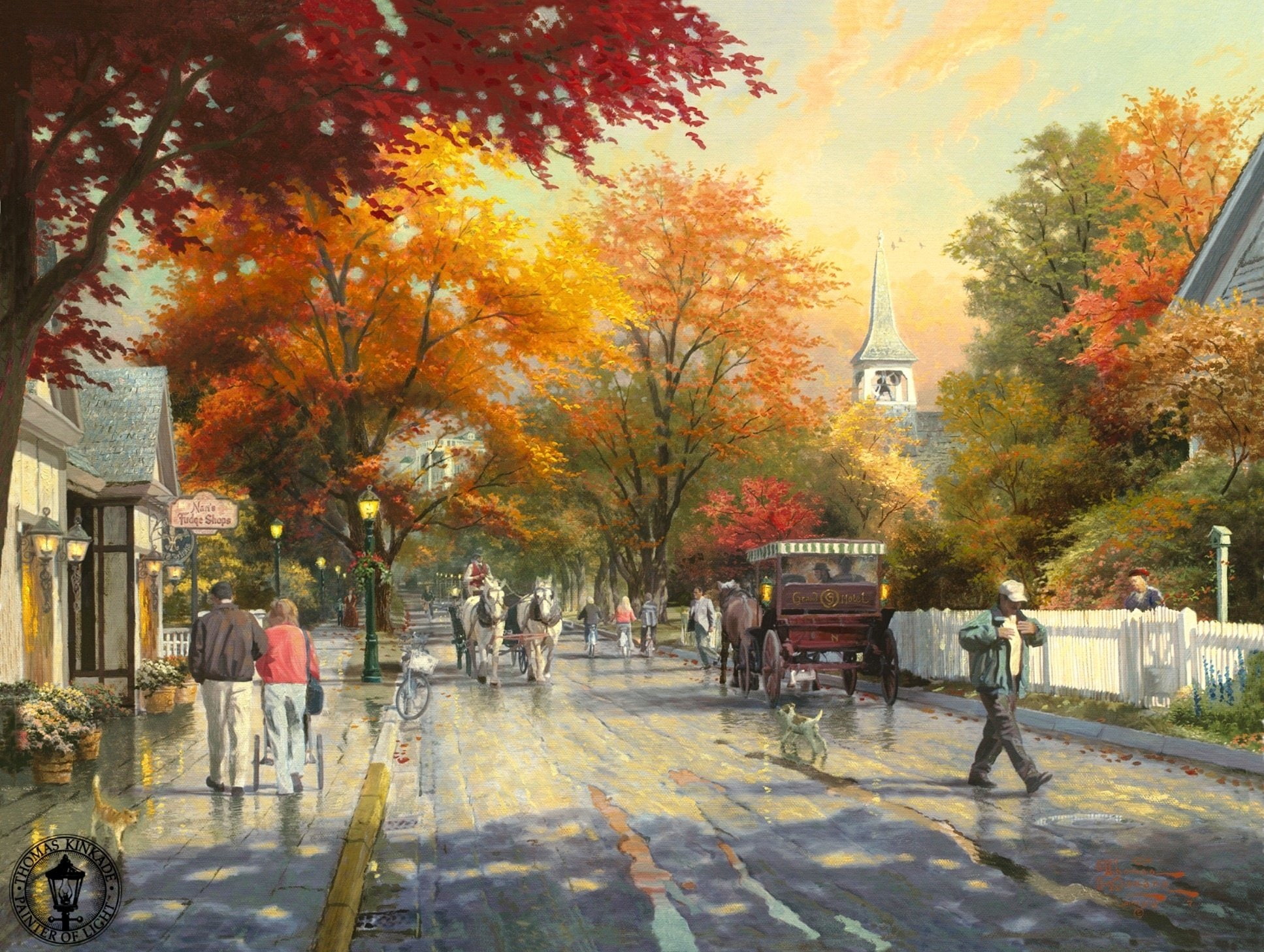 mackinac, 1080P, kinkade, autumn, thomas, painting, town, island, HD Wallpaper