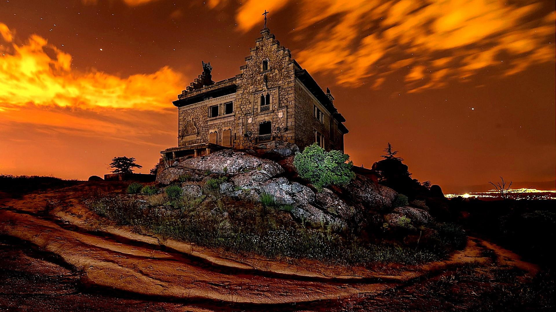 photo, sunset, night, 1080P, hilltop, night sky, chapel, stars, HD Wallpaper