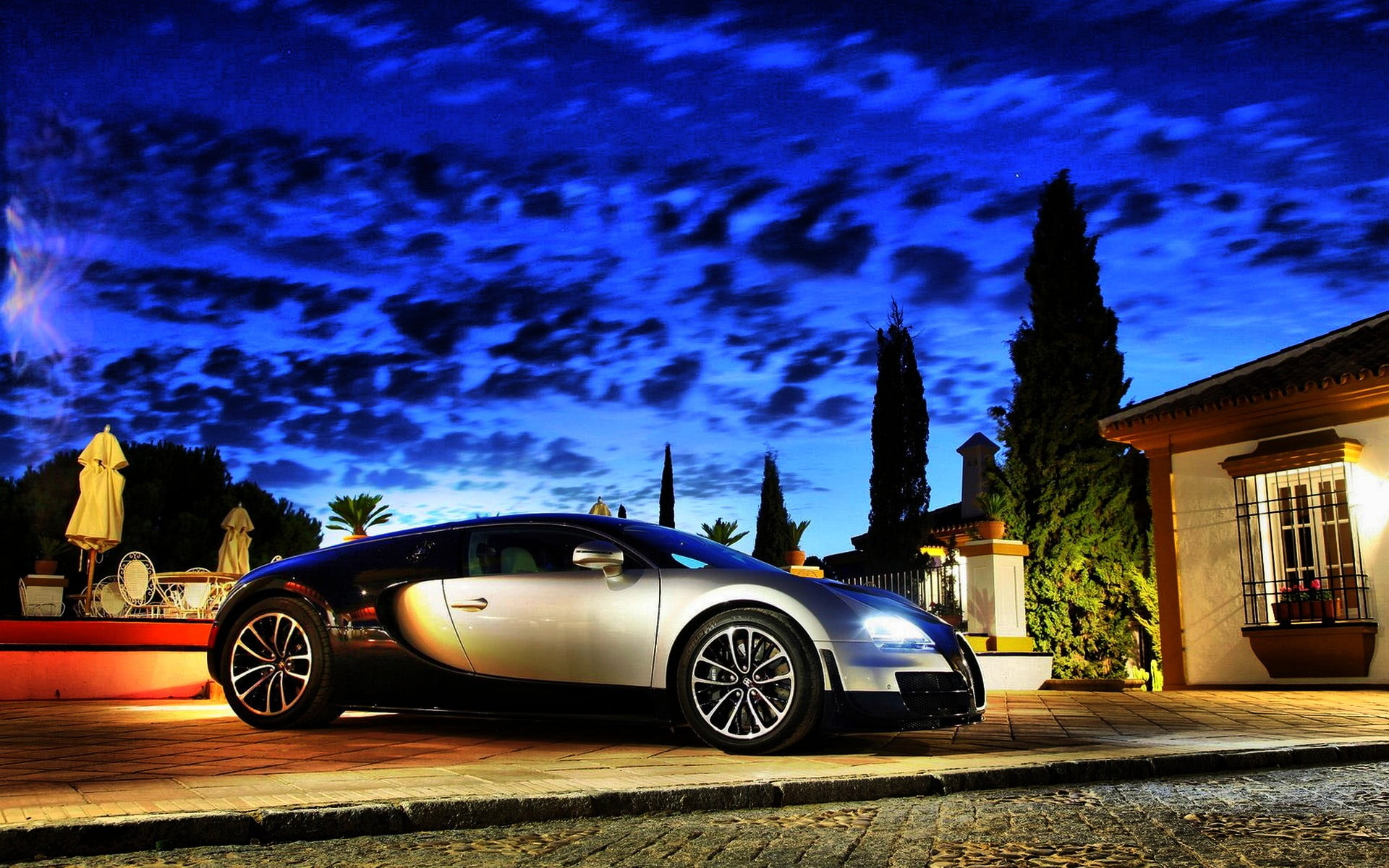 transportation, night, vintage car, luxury, street, retro styled, sky, cloud - sky, 1080P, black, city, white, Bugatti Veyron, building exterior, architecture, HD Wallpaper