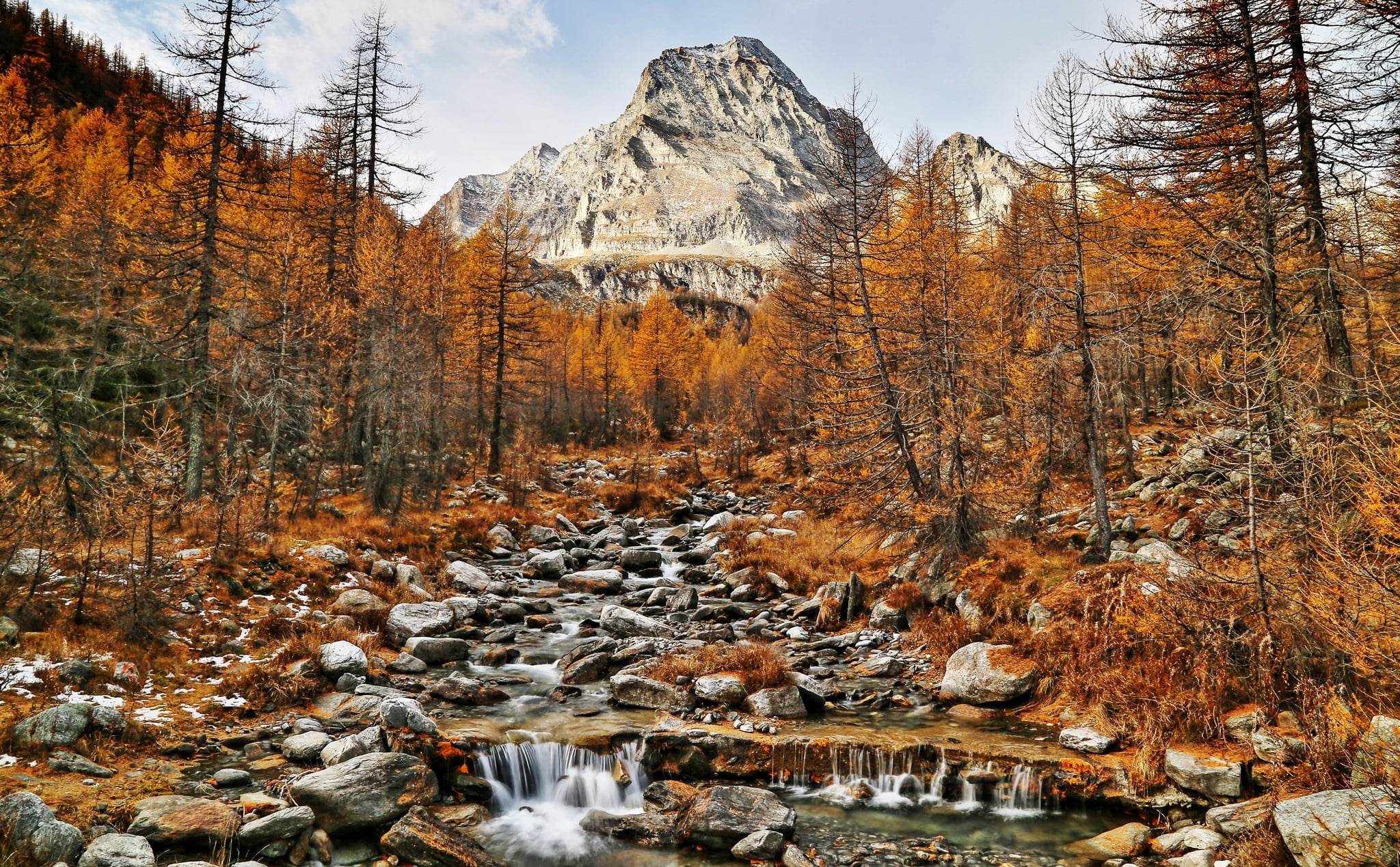 change, nature, autumn collection, mountains, landscape, day, trees, beauty in nature, flowing water, plant, water, snow, autumn, stream - flowing water, HD Wallpaper