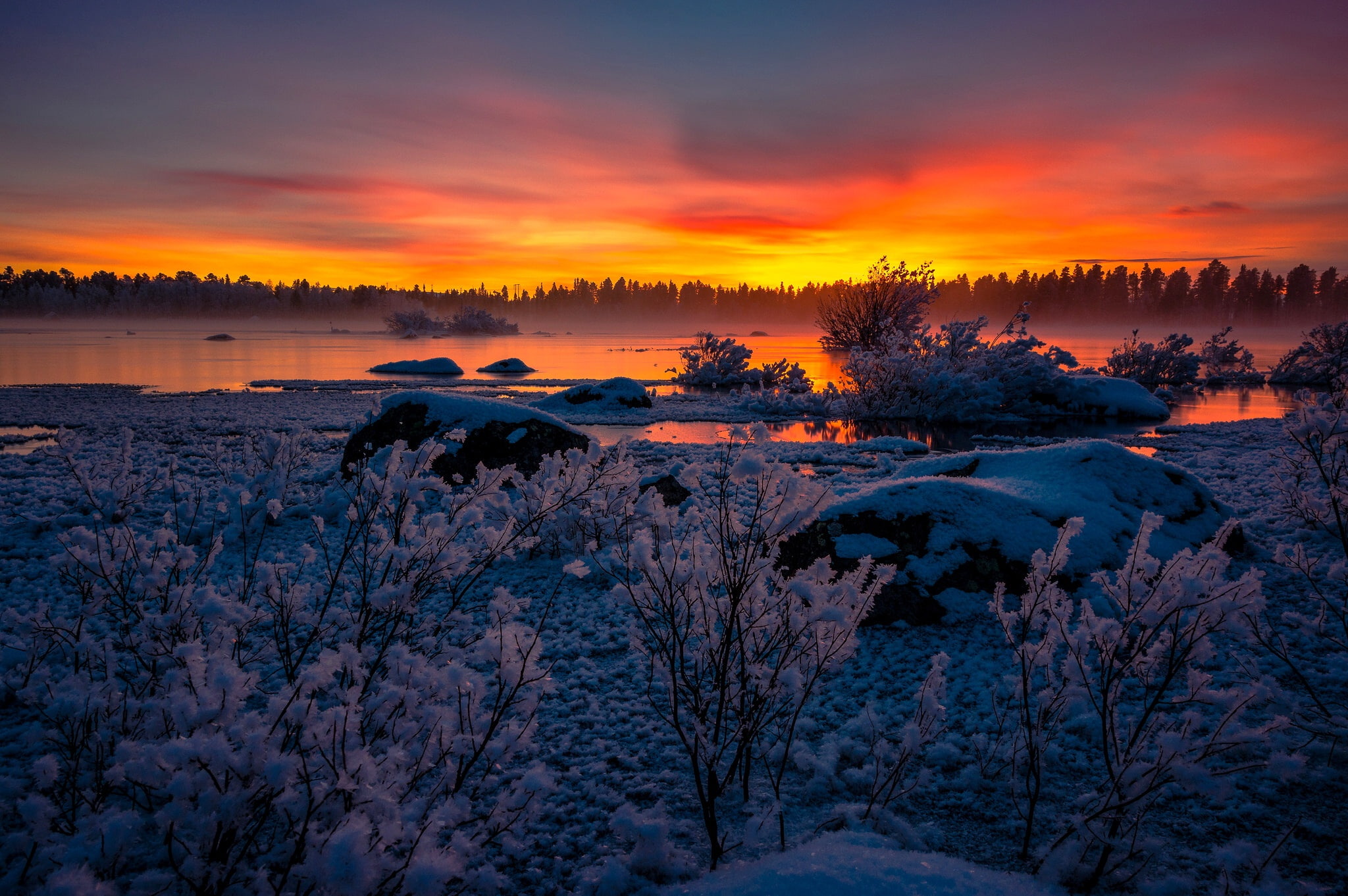snow, Sweden, sunset, Lappland, winter, lake, Lake Hornavan, 1080P, Arjeplog, the bushes, Lapland, HD Wallpaper