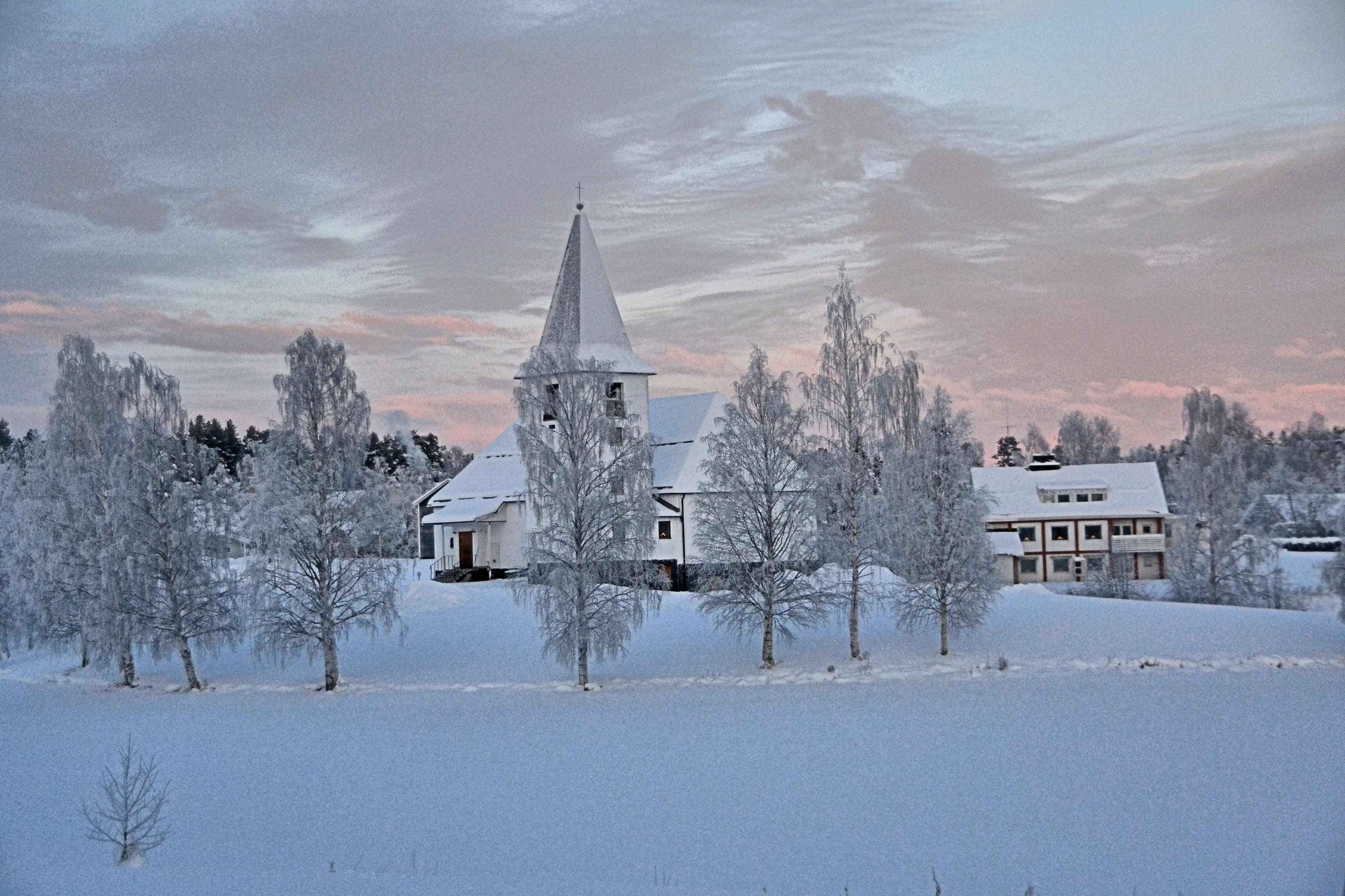 sky, plant, sun, winter, place of worship, outdoors, sweden, lapland, tree, cold temperature, environment, no people, wintry, building exterior, religion, HD Wallpaper