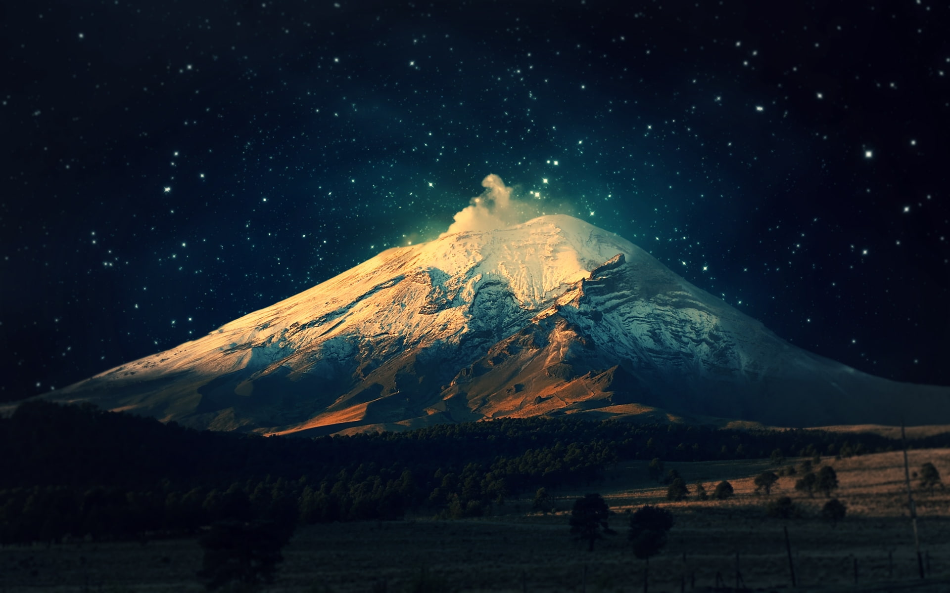 trees, 1080P, x, stars, winter, mountains, mac, snow, deviantart, hd, art, skyscapes, Landscapes, xddhx, lions, nature, os, HD Wallpaper