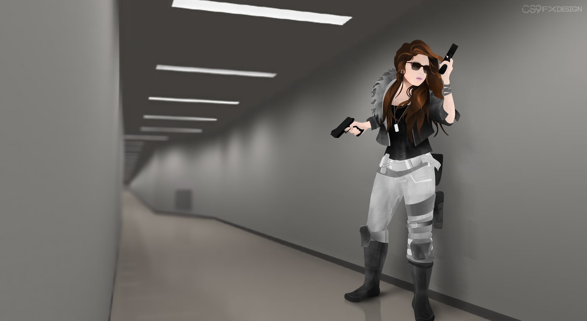 fighter, front view, full length, architecture, one person, looking, Aero, standing, beautiful woman, cs9, indoors, www.facebook.com/cs9.fx.design, hair, HD Wallpaper