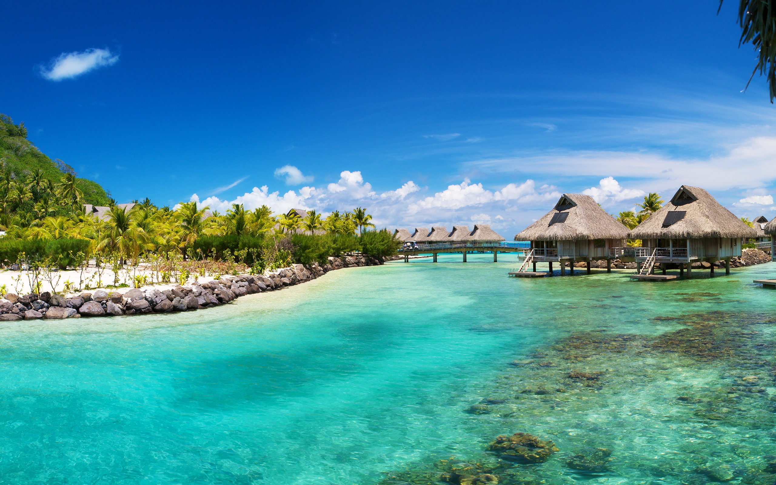 2K, photo, bunk, sea, island, hilton, water, islands, summer, tropical, bora, seascape, house, HD Wallpaper