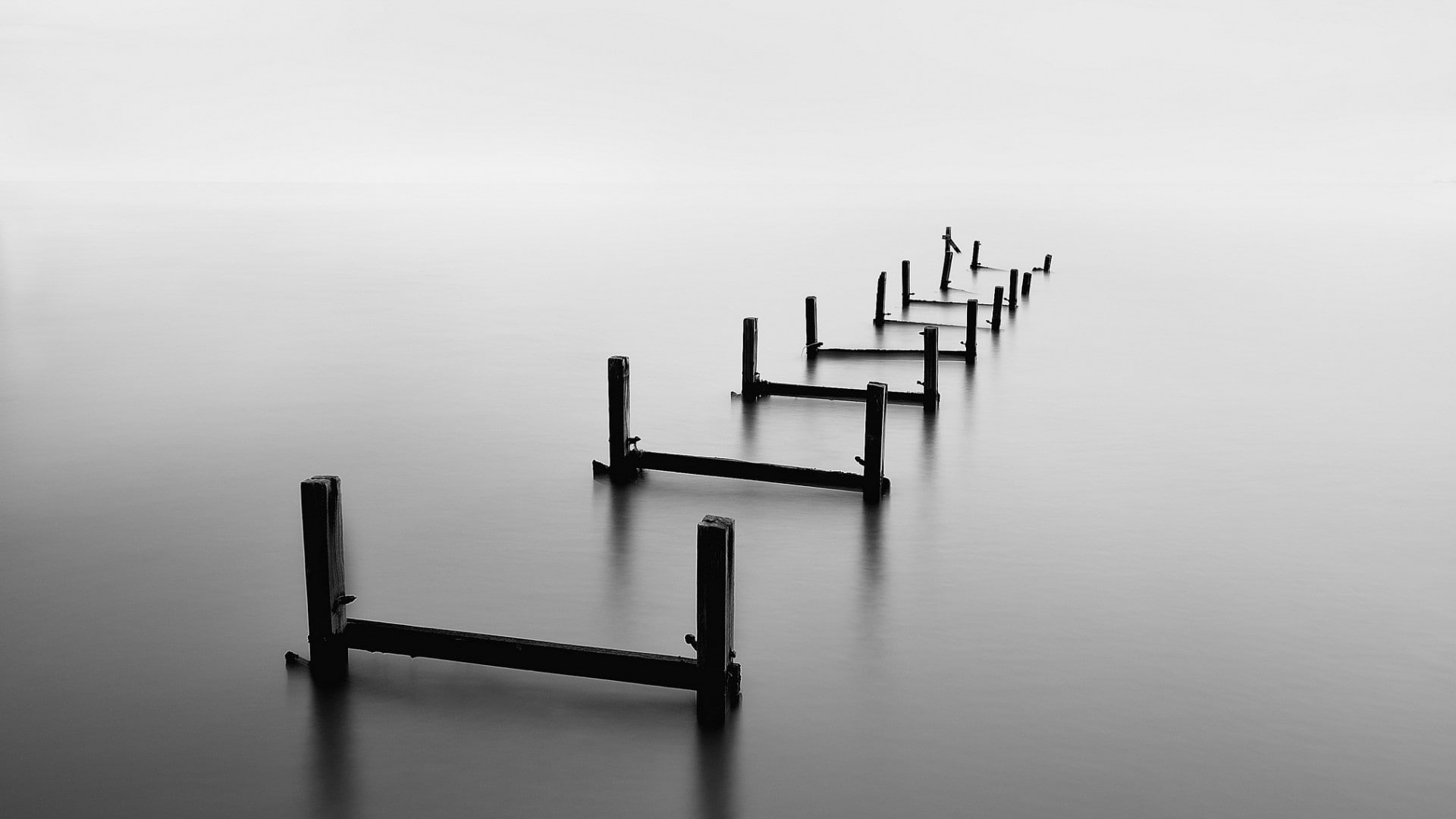 reflection, calm, water, ruin, sticks, landscape, 1080P, nature, wood, monochrome, blurred, pier, sea, long exposure, HD Wallpaper