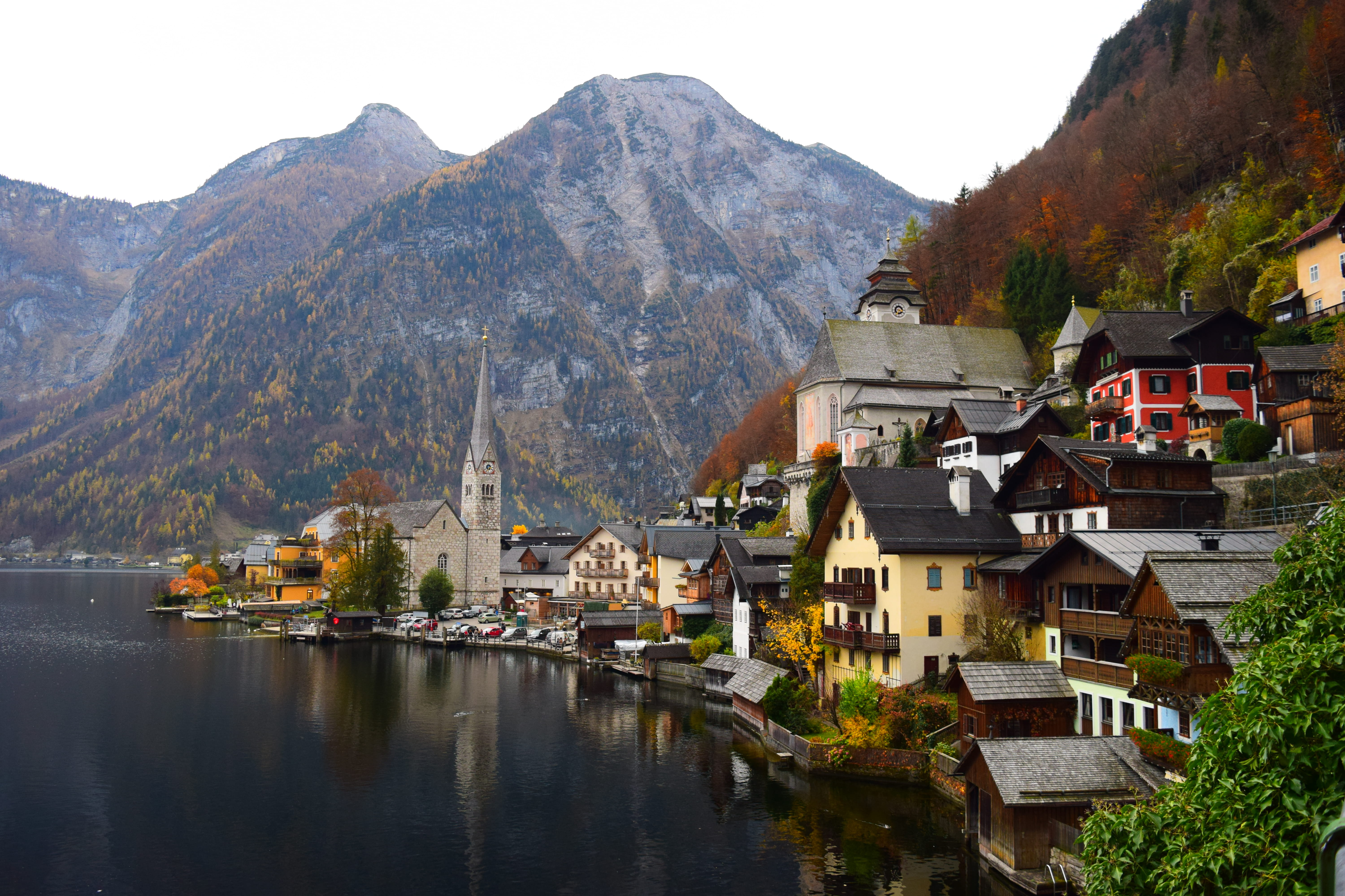 no people, Autumn, day, building exterior, lakeside, daytime, scenics, waterfront, tree, famous Place, town, scenics - nature, house, 5K, sky, village, HD Wallpaper