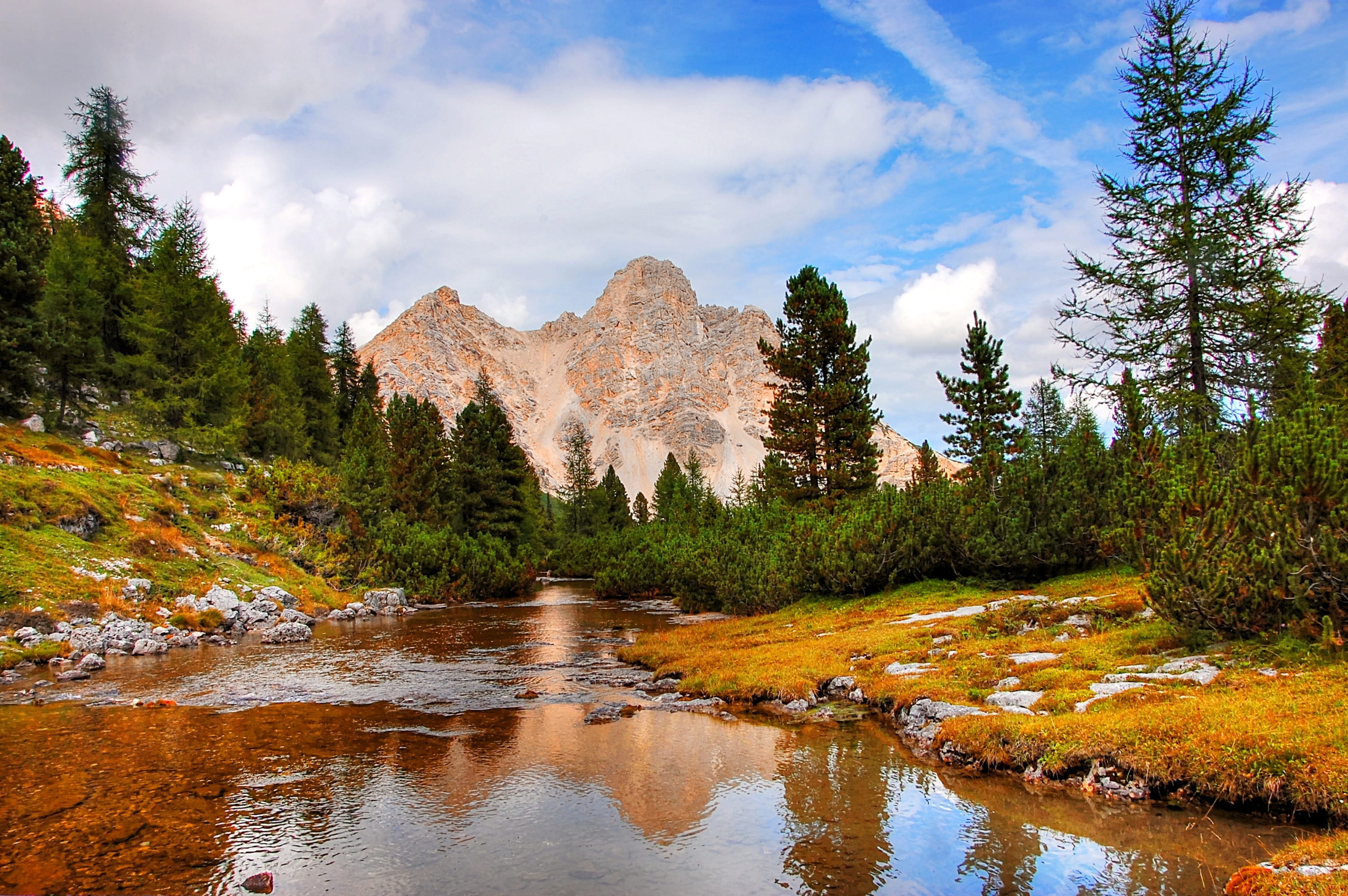 pine tree, outdoors, cloud - sky, blue, river, italy, mountain landscape, environment, non-urban scene, pine woodland, coniferous tree, near, plant, sky, HD Wallpaper