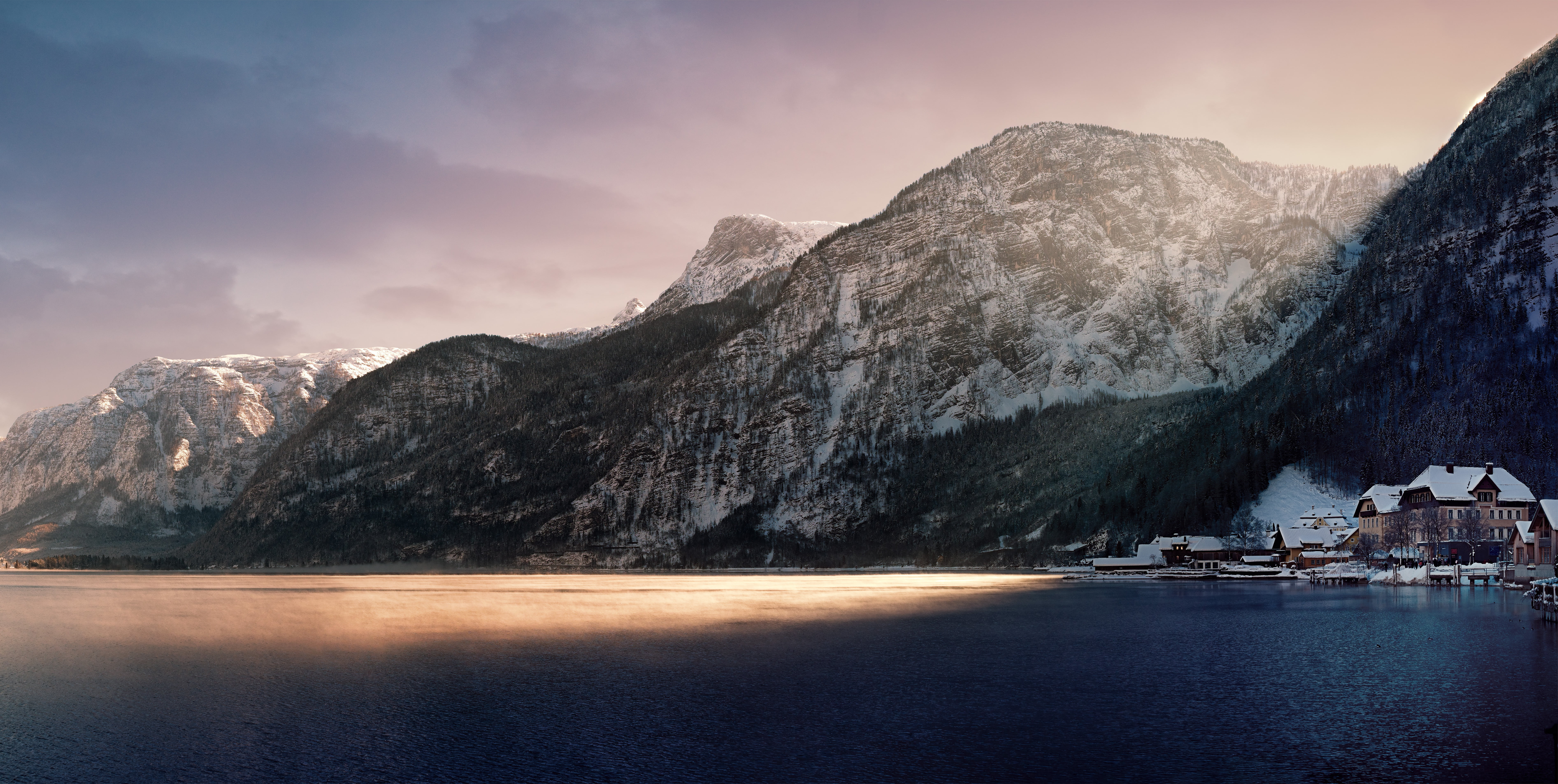 scape, nature, water, body, österreich, waterscape, panoramic photography, winter, daytime, atmosphere, scenics, schnee, snow, europe, Hallstatt, panoramic, HD Wallpaper