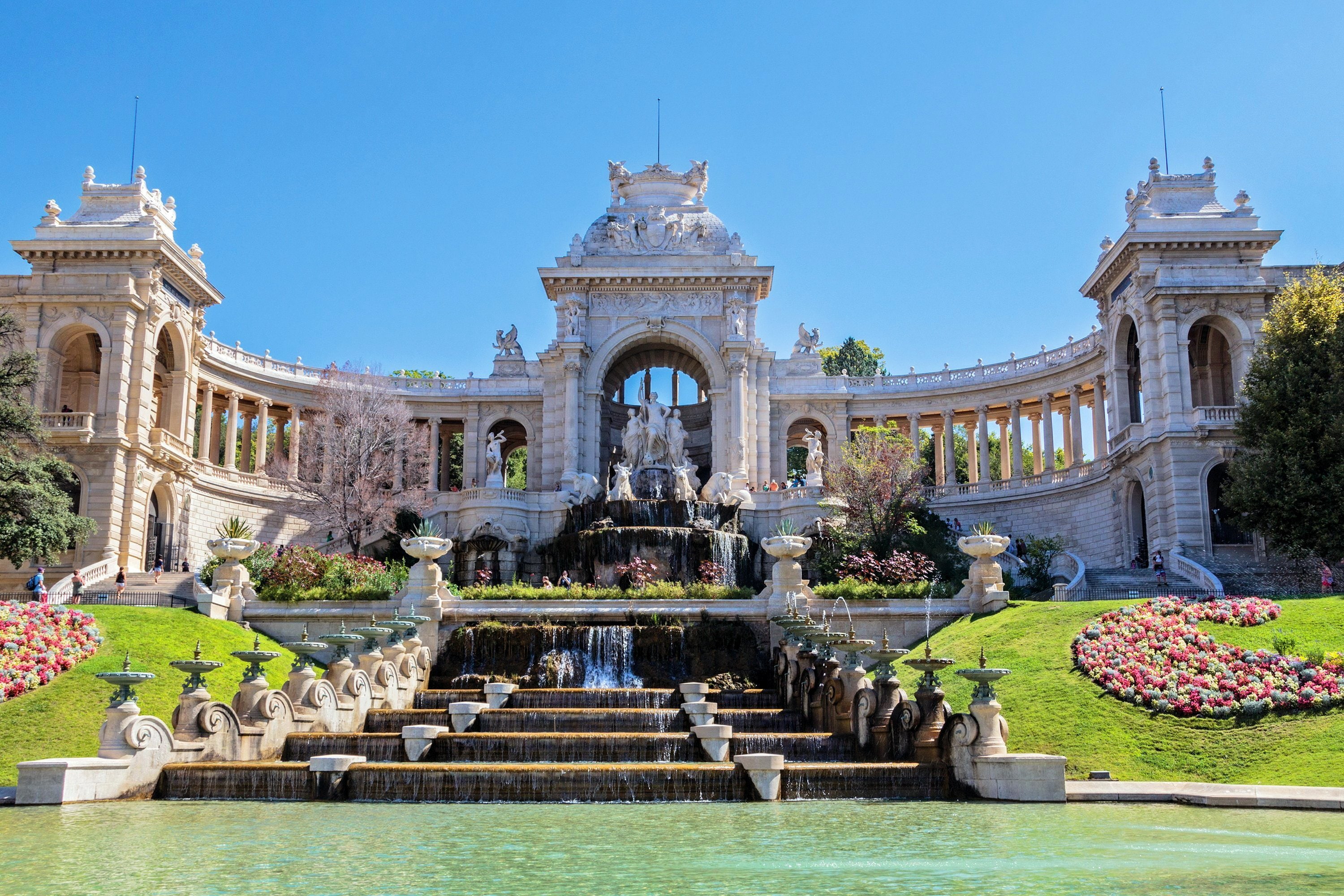 cities, sculptures, palace, france, 2K, palais, waterfalls, marseille, HD Wallpaper