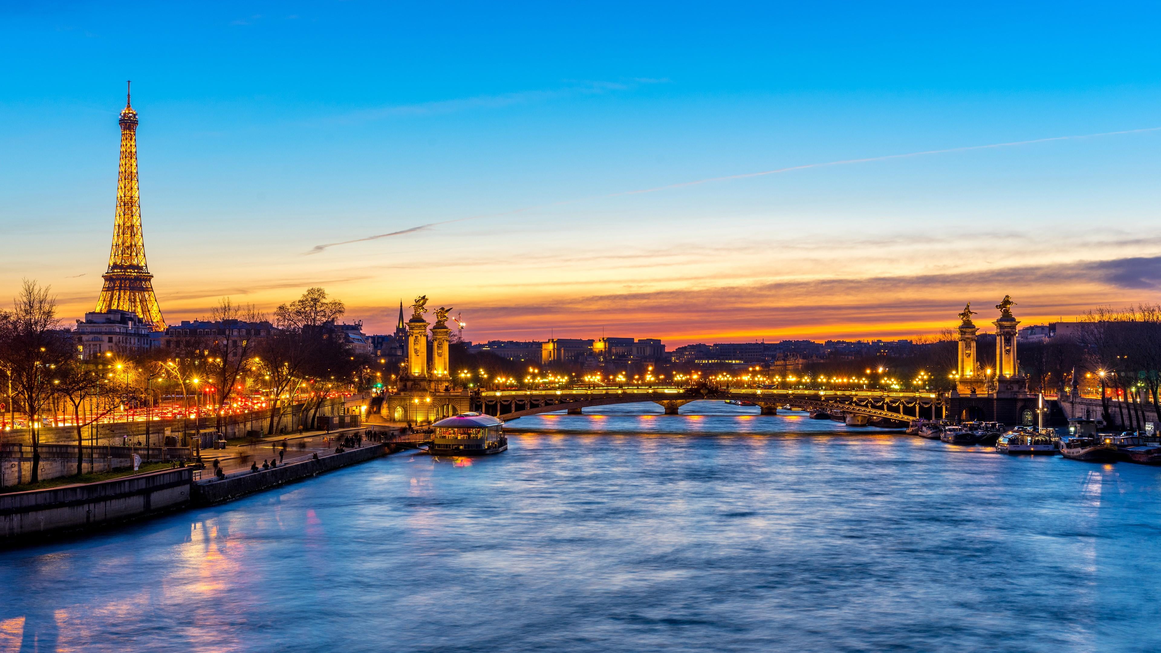 illuminated, landmark, pont alexandre iii, city, spire, sky, transportation, connection, bridge, bridge - man made structure, architecture, seine, dusk, HD Wallpaper