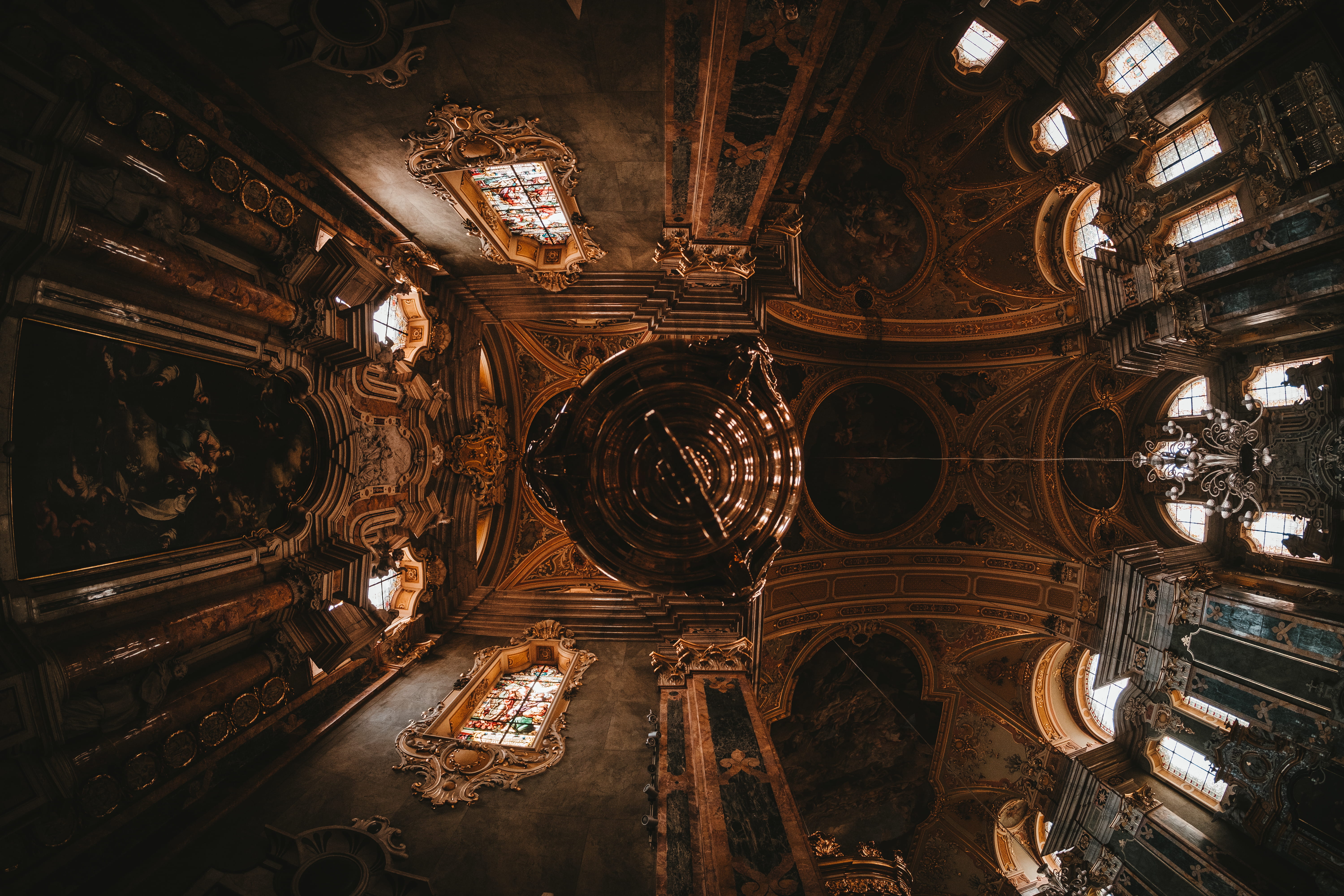 perspective, church, design, ornate, electric lamp, 5K, italy, the past, building, gold, ceiling, eye, christianity, untitled, interior, architectural column, HD Wallpaper