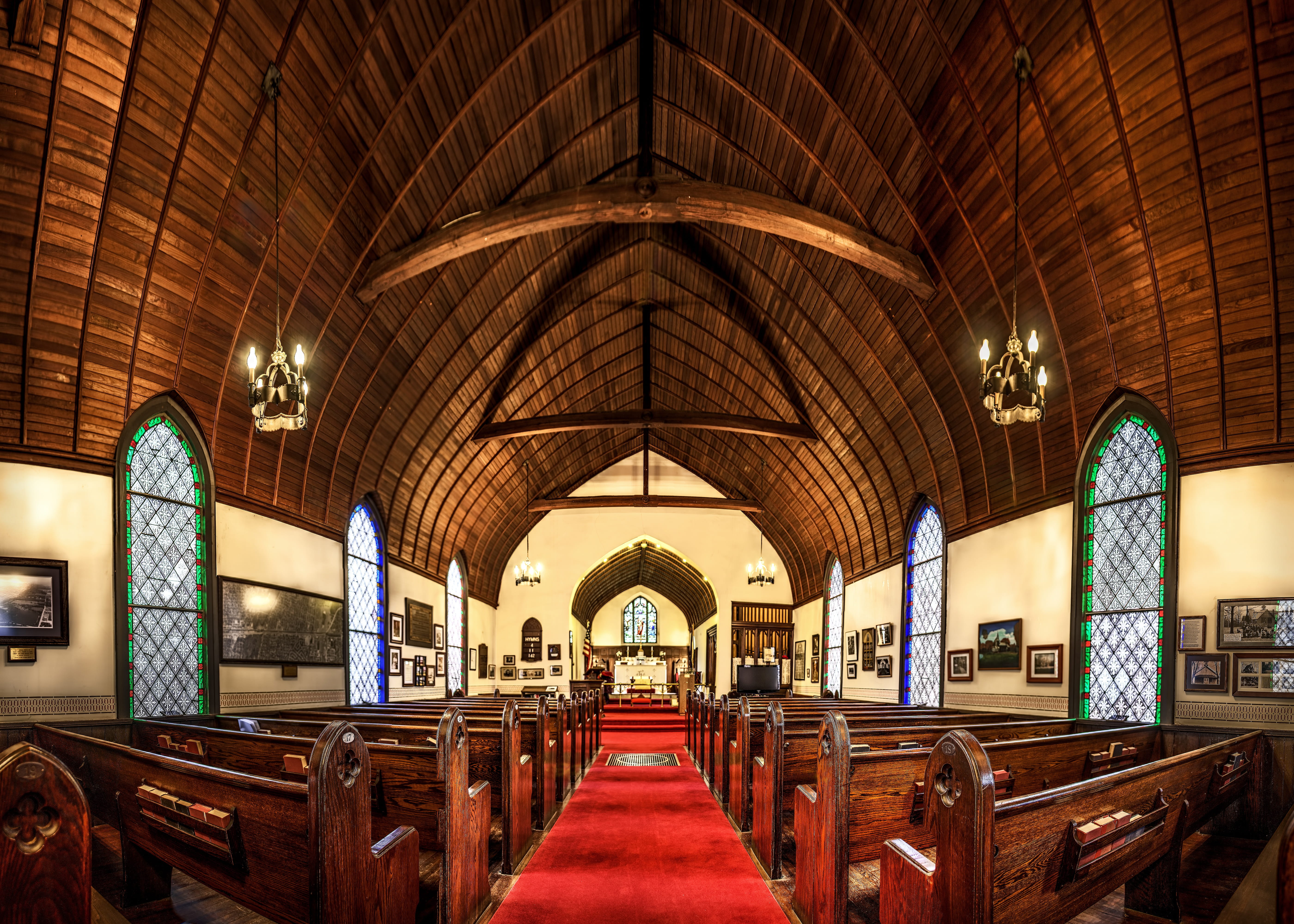 stained glass, arched, 5K, house of worship, ceiling, building, inside, place of worship, wood - material, spirituality, no people, furniture, interior design, HD Wallpaper
