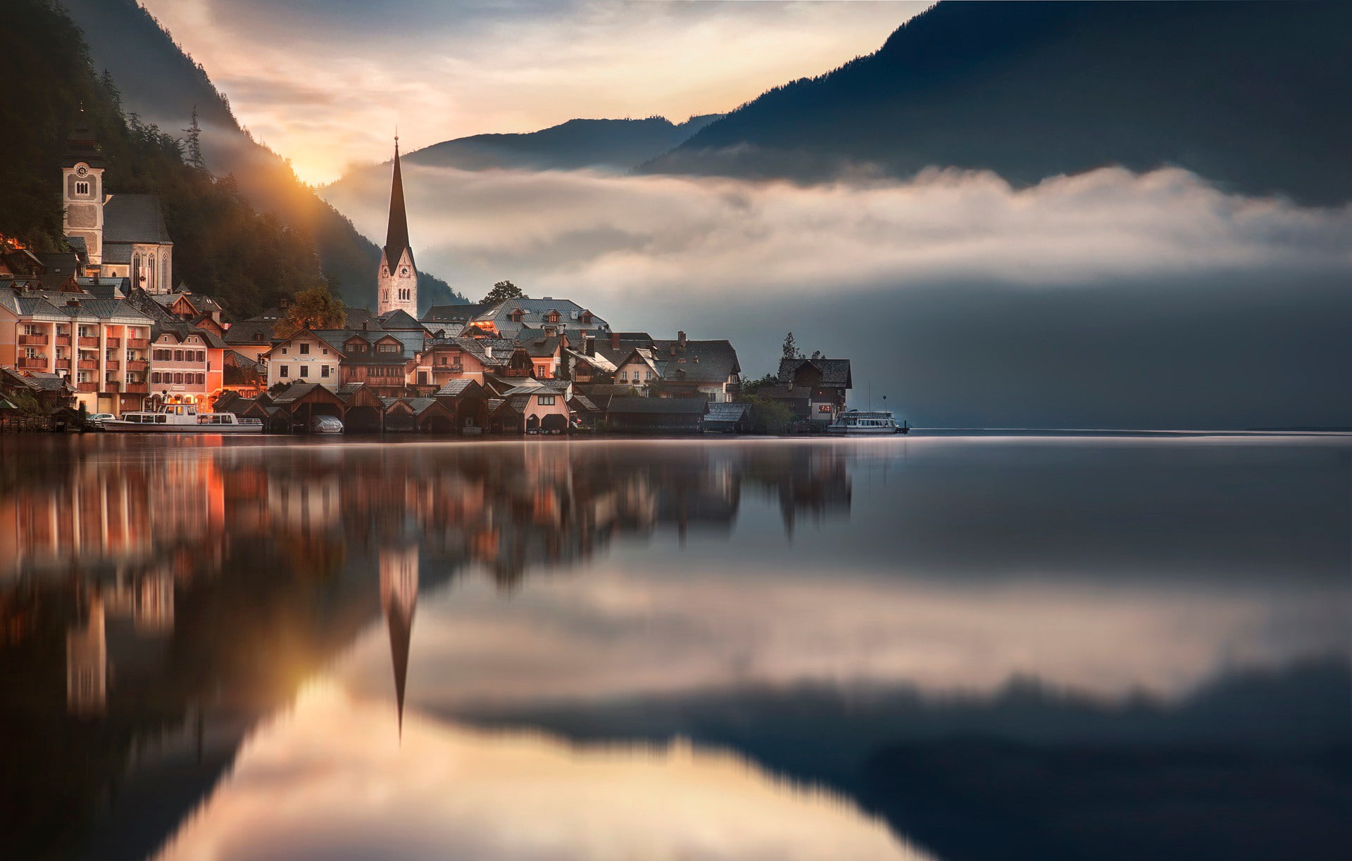 Austria, clouds, 1080P, Hallstatt, river, city, water, nature, mountains, landscape, photography, HD Wallpaper