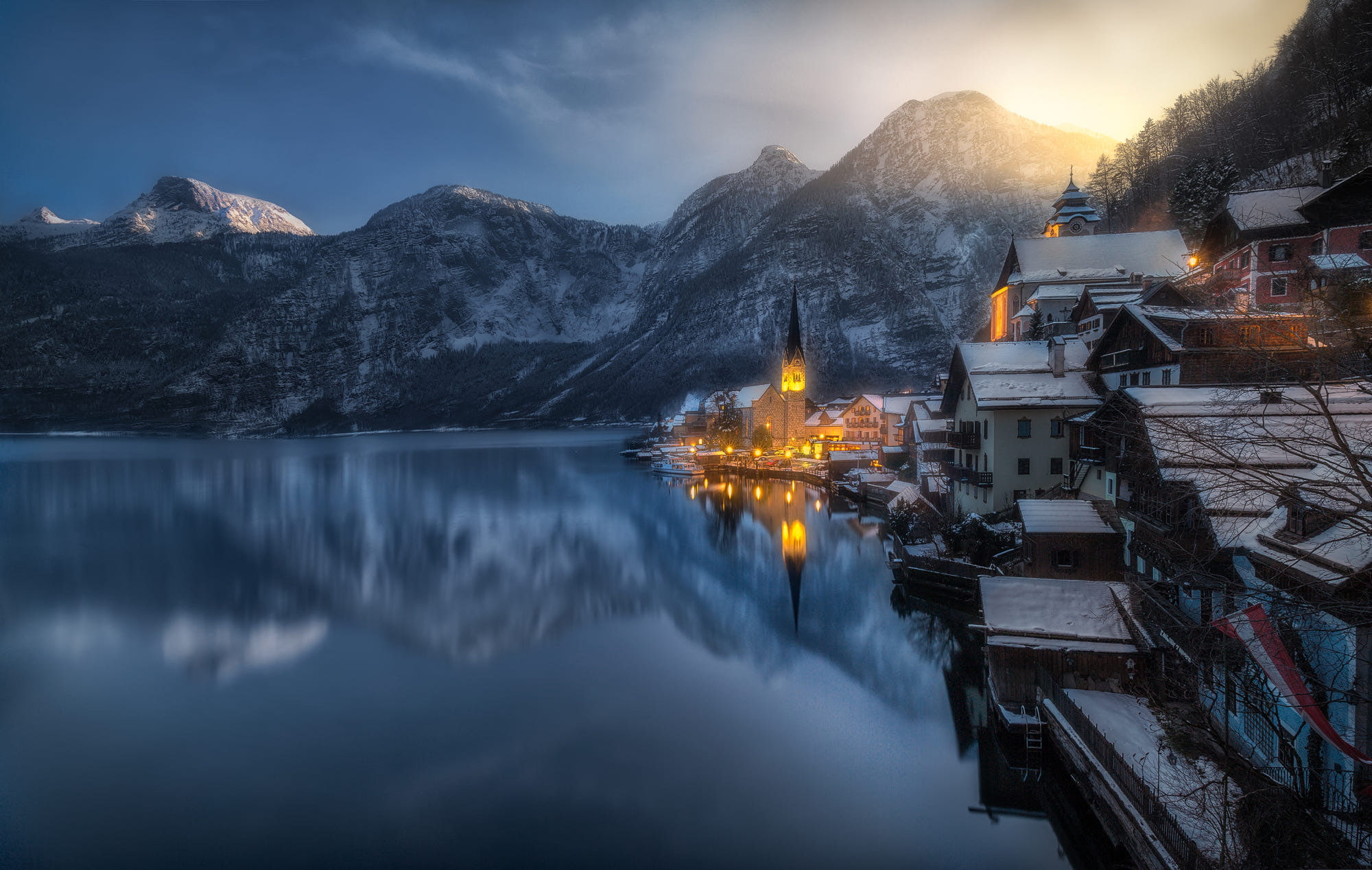 mountains, winter, 1080P, reflection, Hallstatt, cityscape, HD Wallpaper
