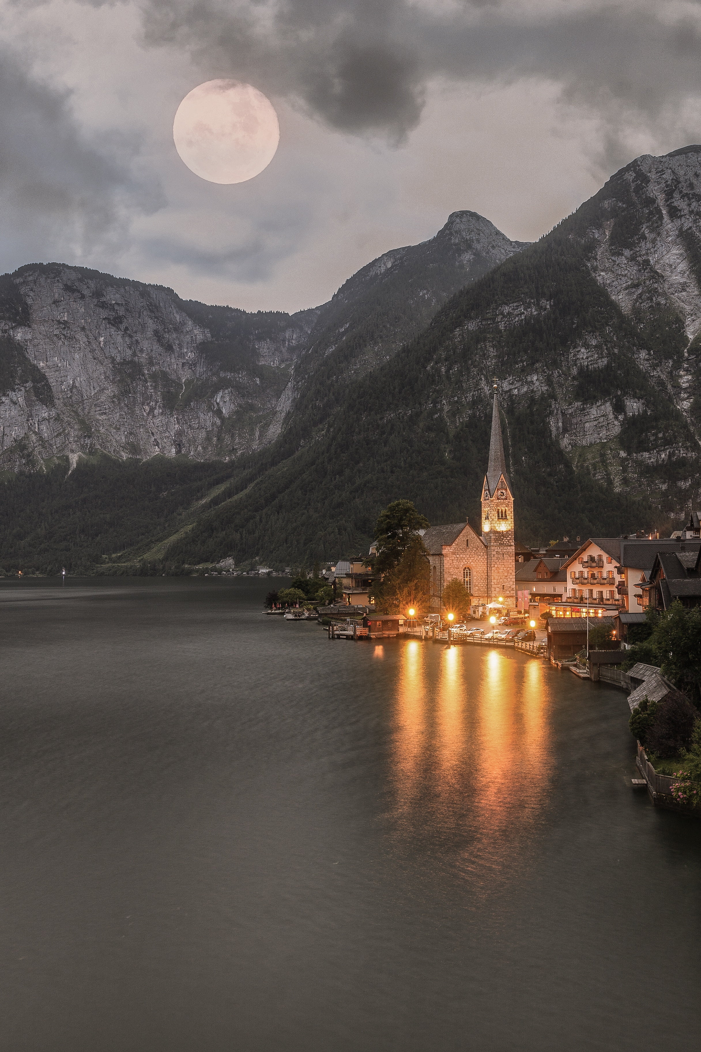 architecture, mountain, travel destinations, full moon, mountain range, dusk, reflection, place of worship, mountains, hallstatt, 2K, building, built structure, Phone HD Wallpaper