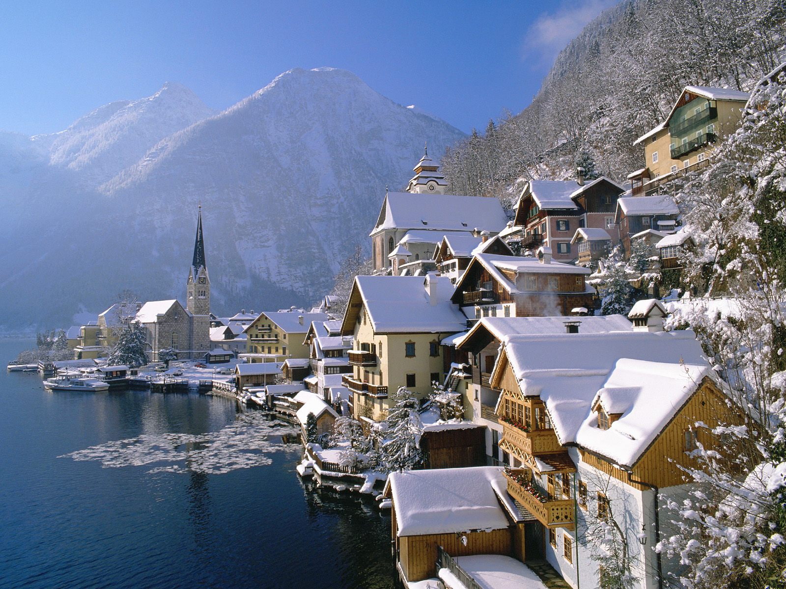 winter, 720P, mountains, hd, buildings, hallstatt, cityscape, houses, snow, HD Wallpaper