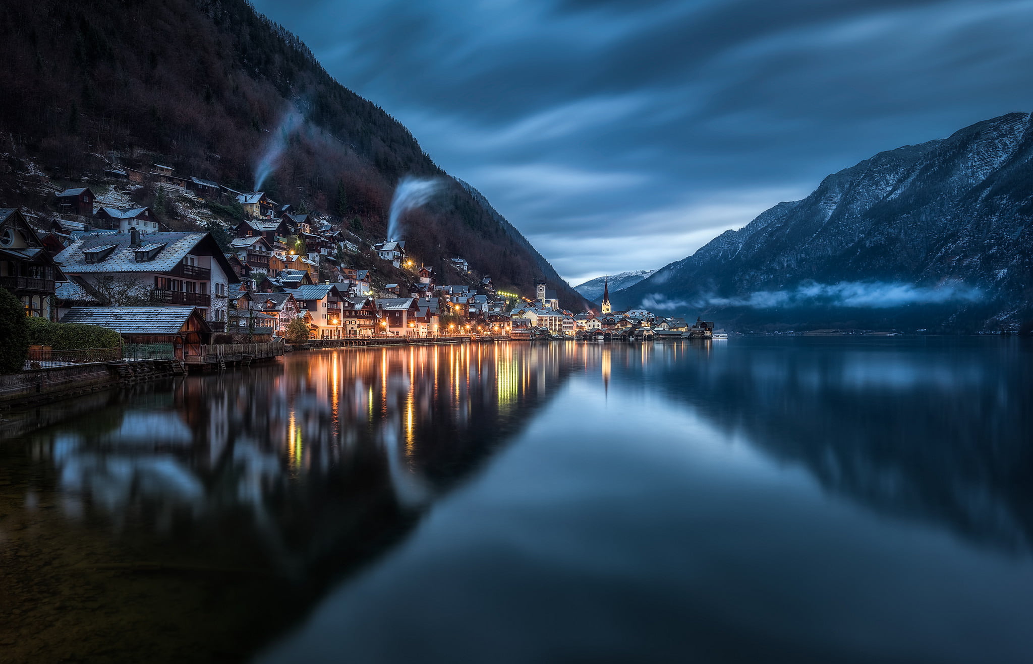 Hallstatt, Night, Town, Reflection, 1080P, Austria, Towns, Mountain, Lake, House, HD Wallpaper