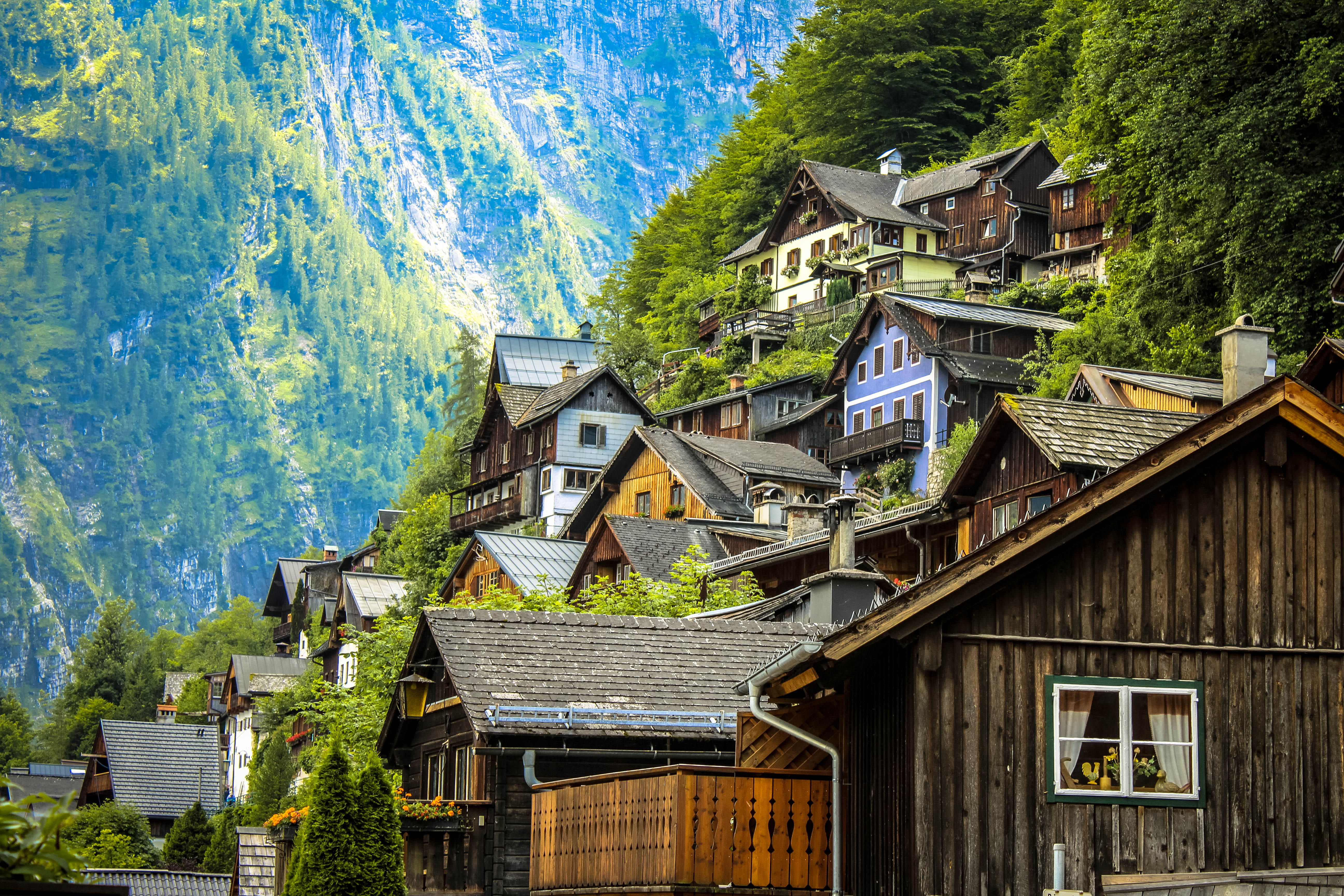 slope, plant, scenic, town, city, day, place of worship, 5K, summer, traditional, beautiful, religion, built structure, wooden, mountain, water, tree, HD Wallpaper