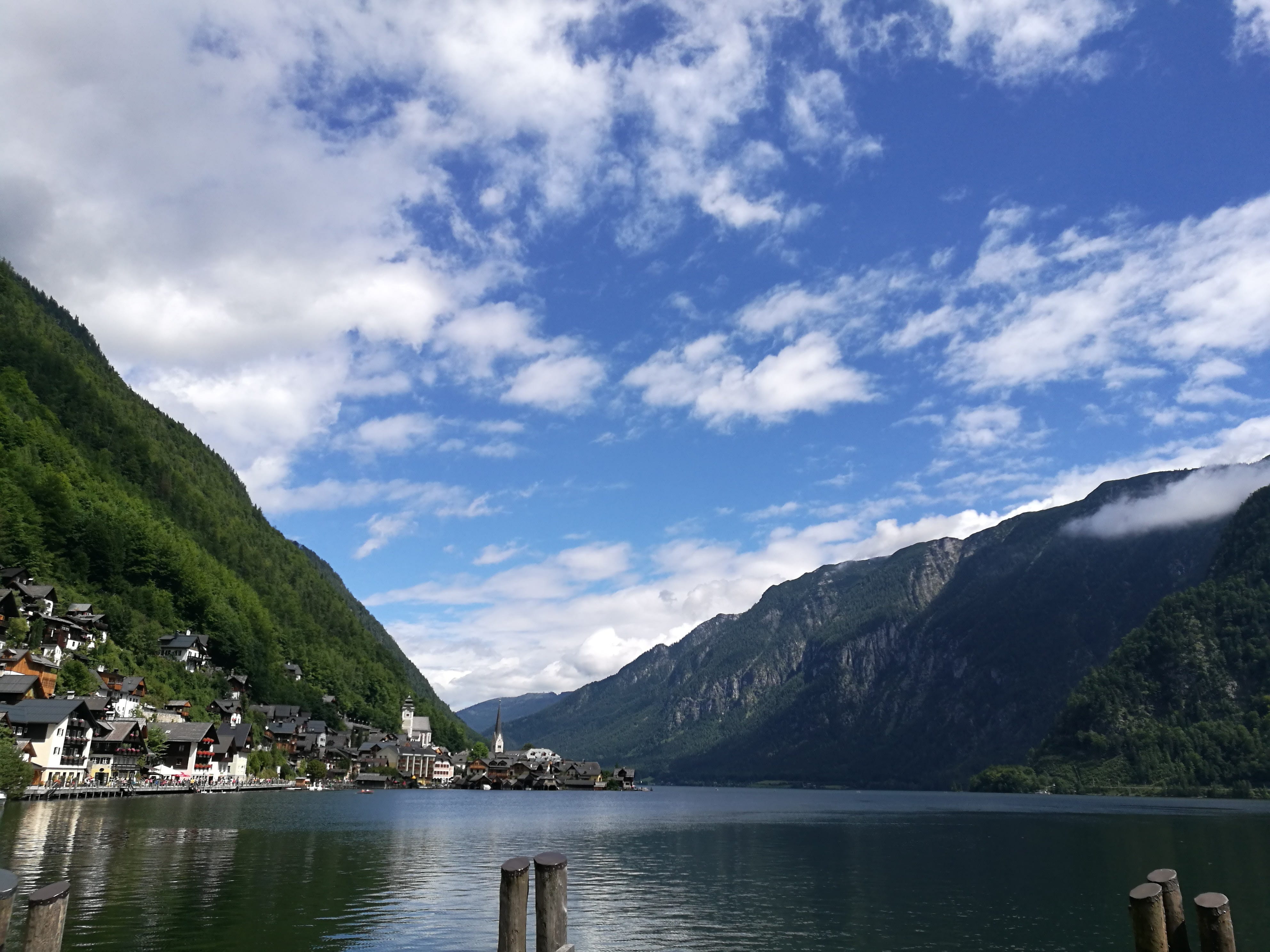 reflection, no people, upper austria, nautical vessel, waterfront, mountain, cloud - sky, blue sky, water, outdoors, hallstatt, hallstatter, transportation, HD Wallpaper