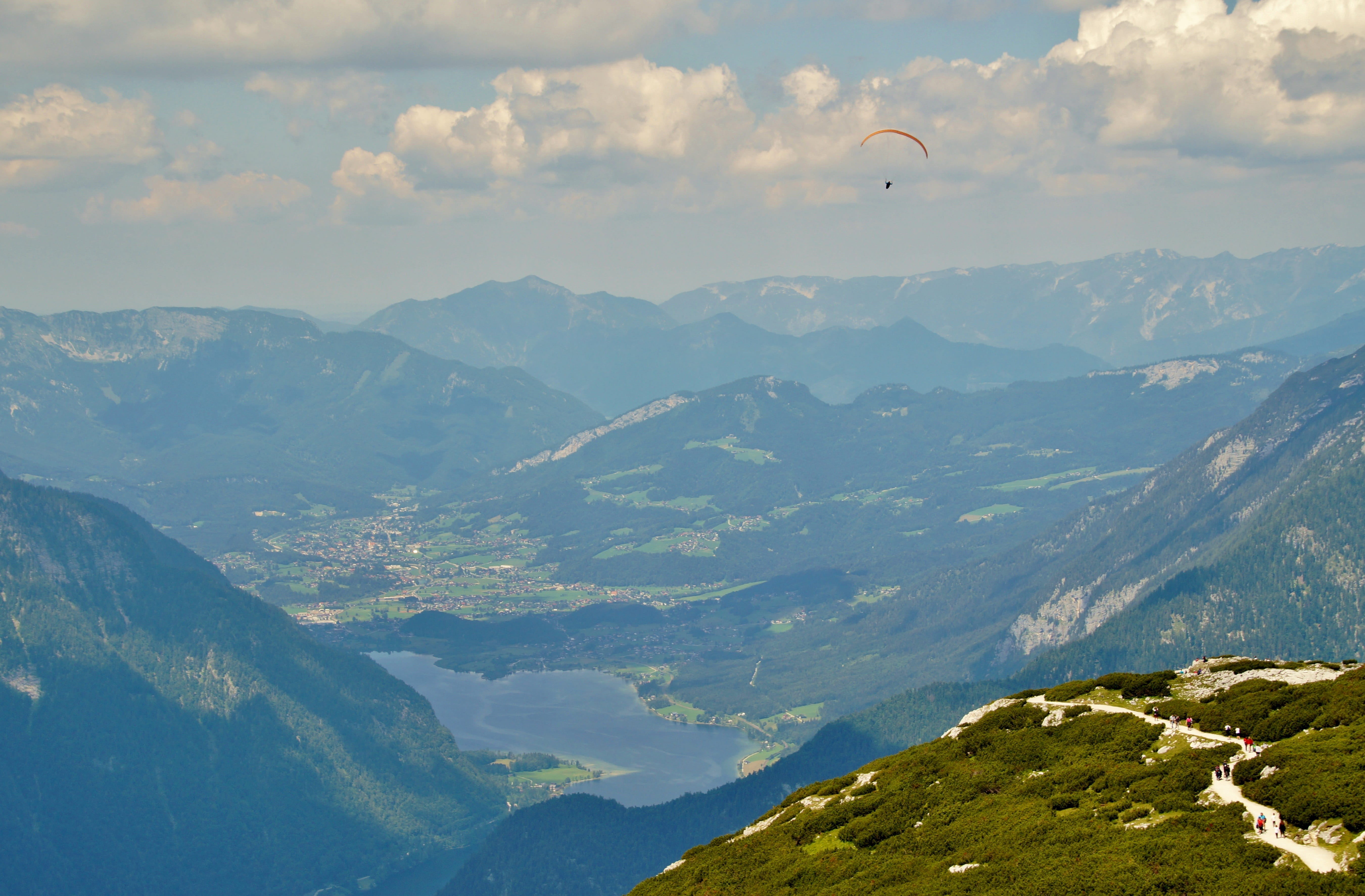 outdoors, tranquility, paragliding, cloud - sky, lake, day, alpine, austria, 5K, summer, environment, view, mountains, nature, beauty in nature, mountain, HD Wallpaper