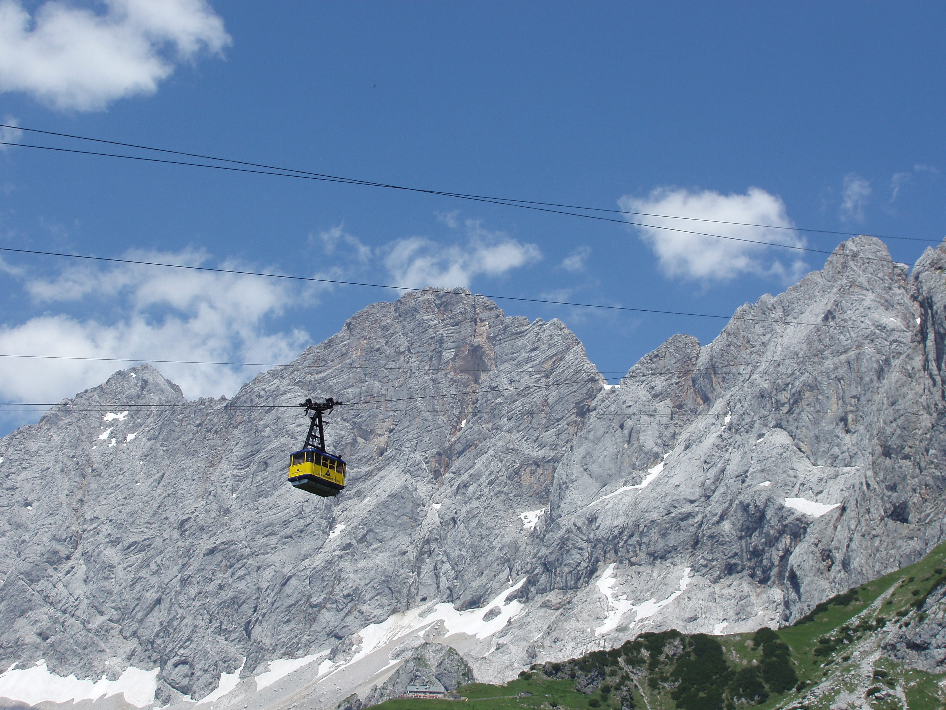 day, snowcapped mountain, sky, travel, overhead cable car, climbing wall, low angle view, mountain, mode of transportation, cold temperature, 2K, dachstein, HD Wallpaper