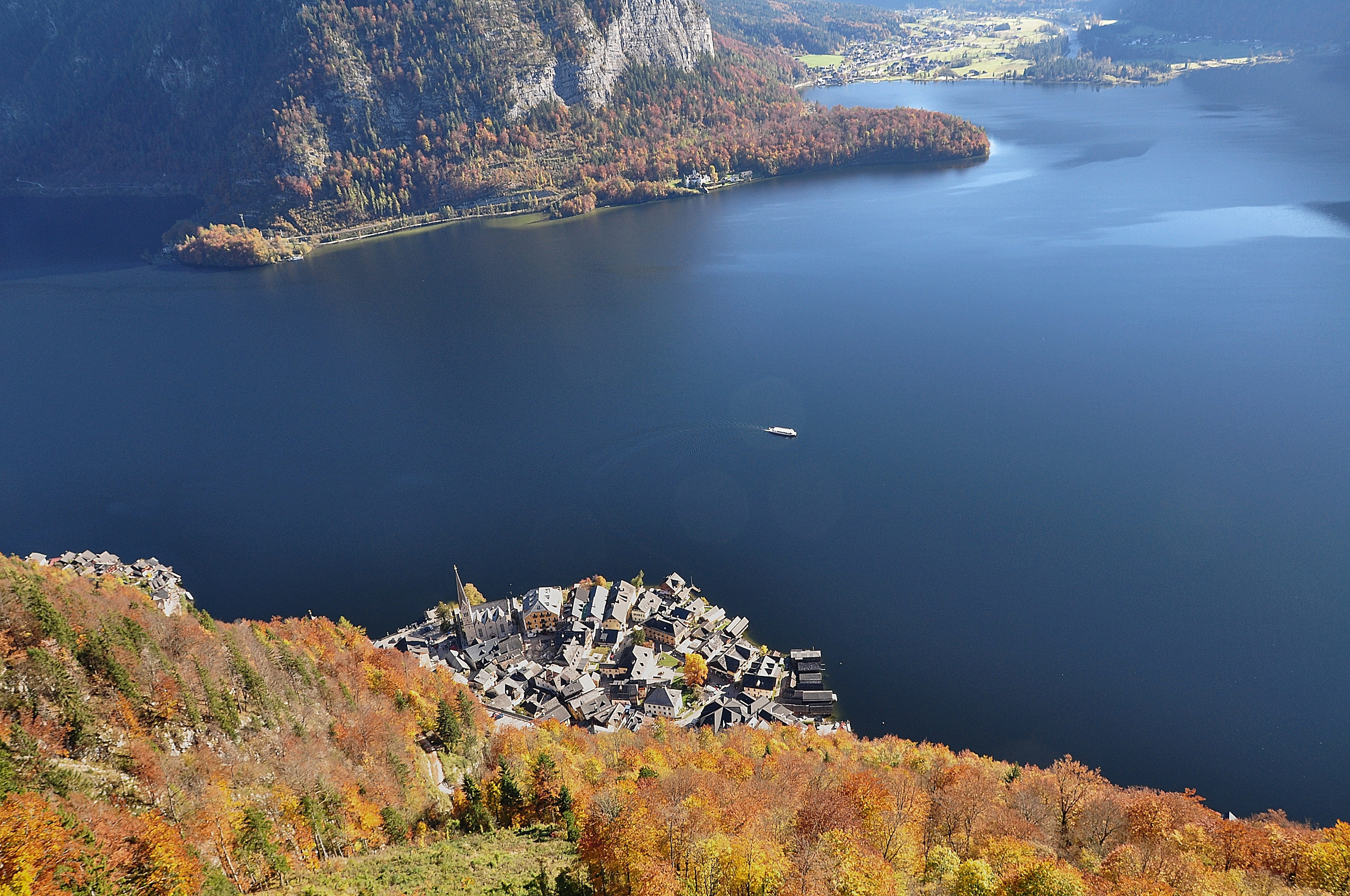 world heritage, places of interest, beauty in nature, landscape, body, plant, day, fall color, hallstättersee lake, outdoors, solid, tranquil scene, 4K, HD Wallpaper