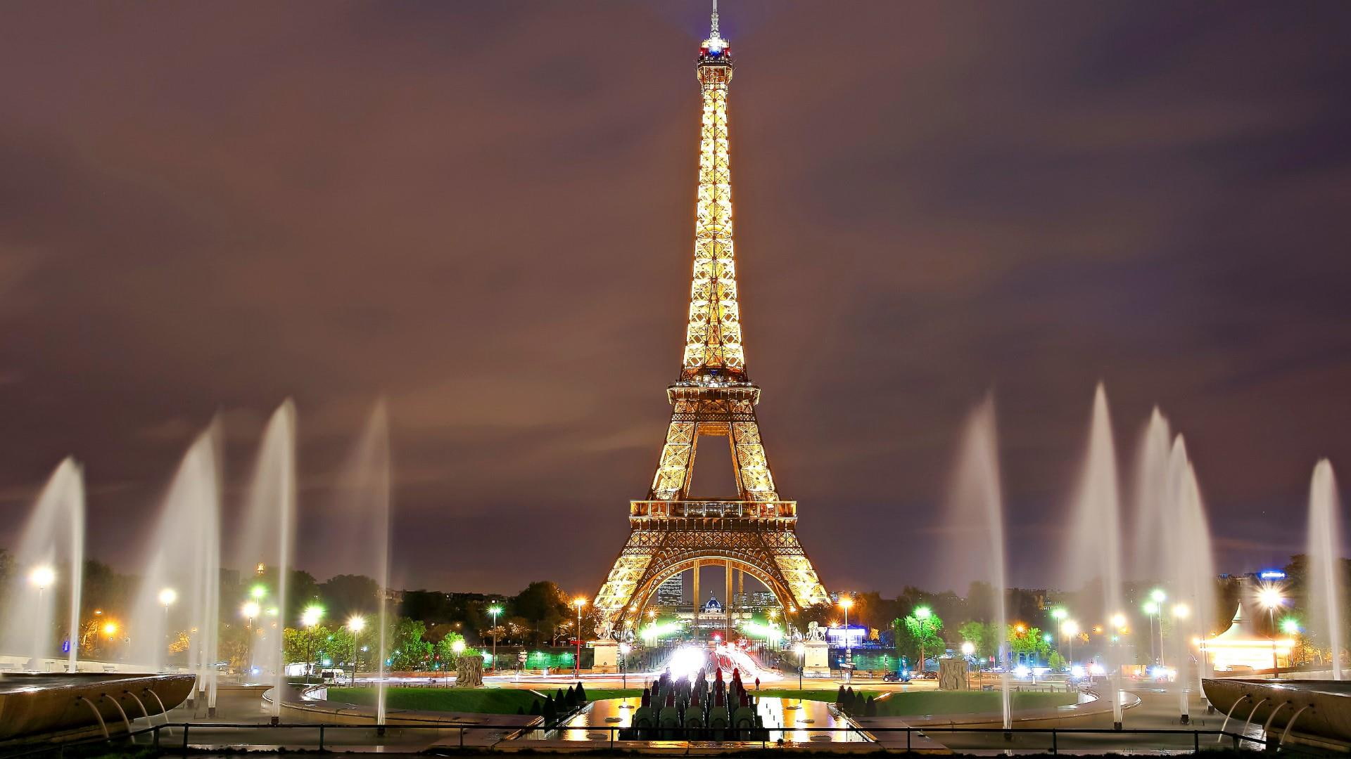 city lights, evening, 1080P, fountain, city, eiffel tower, paris, tower, HD Wallpaper
