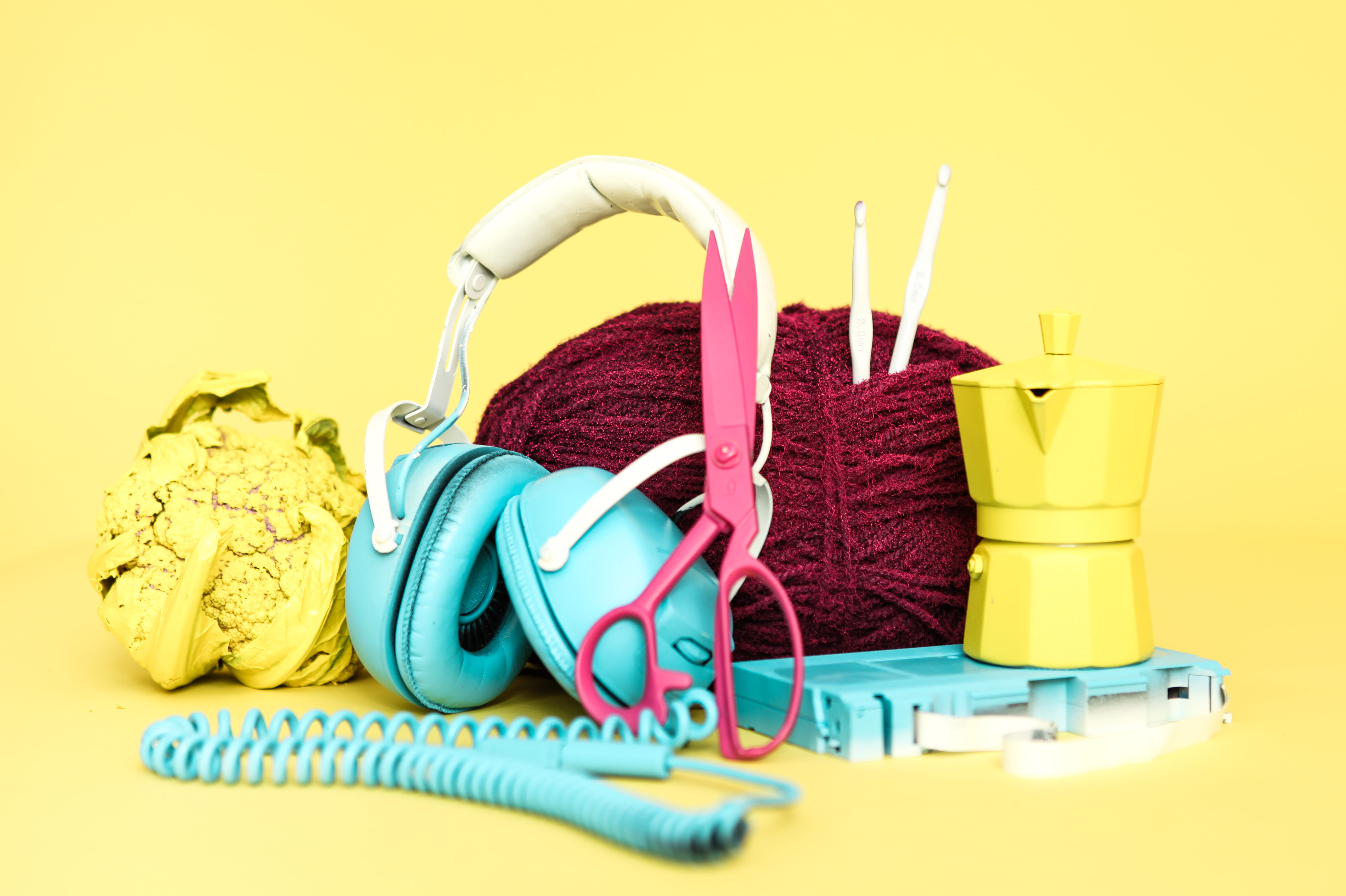 lowfidelity studio vienna, tape player, vienna, yarn, studio shot, headphones, weapon, colorful, equipment, hygiene, indoors, colored background, vibrant color, HD Wallpaper