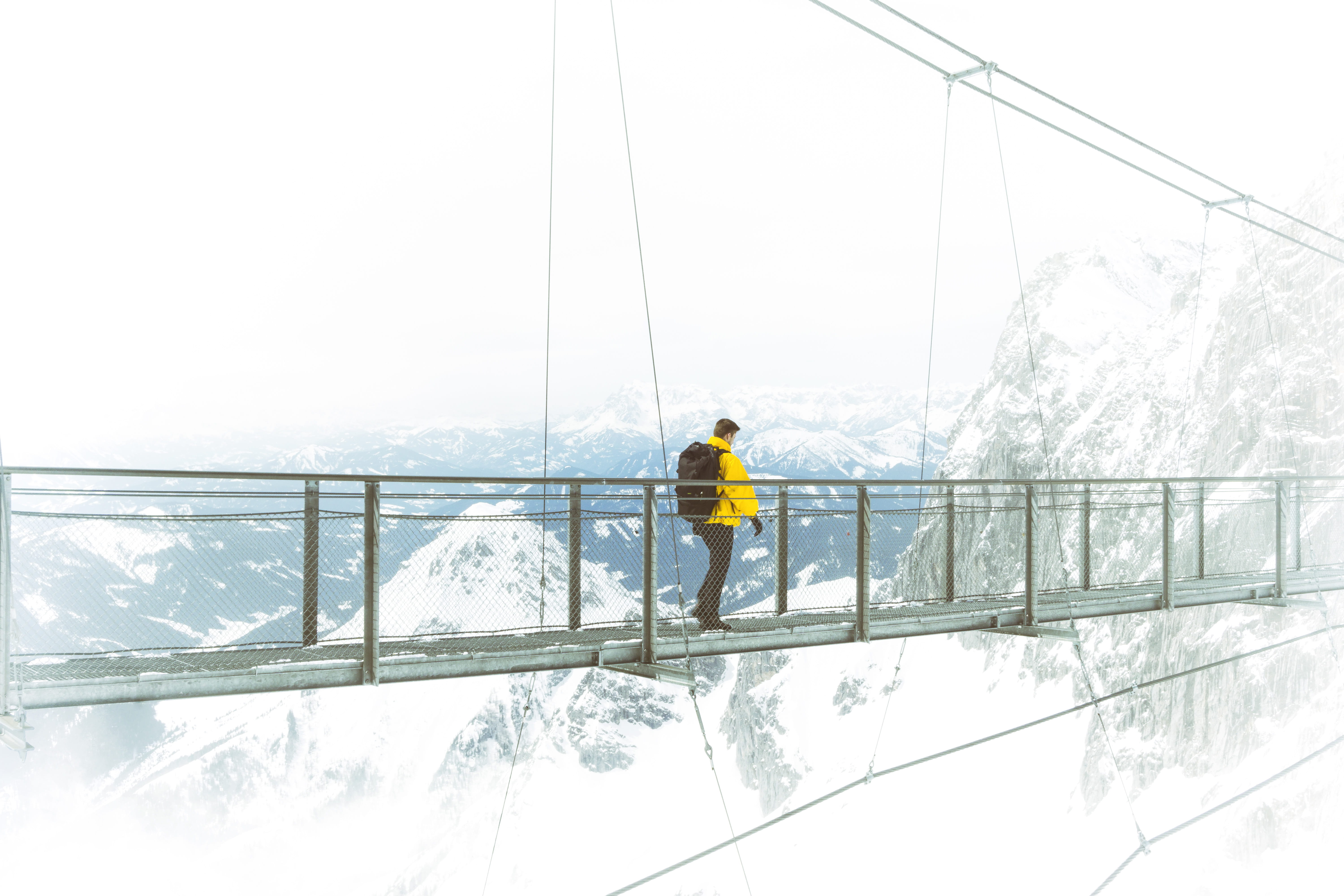 snowy, lifestyles, people, mist, two people, rocky, nature, dachstein mountain, transportation, clothing, cold temperature, cliff, hiking, austria, 5K, HD Wallpaper