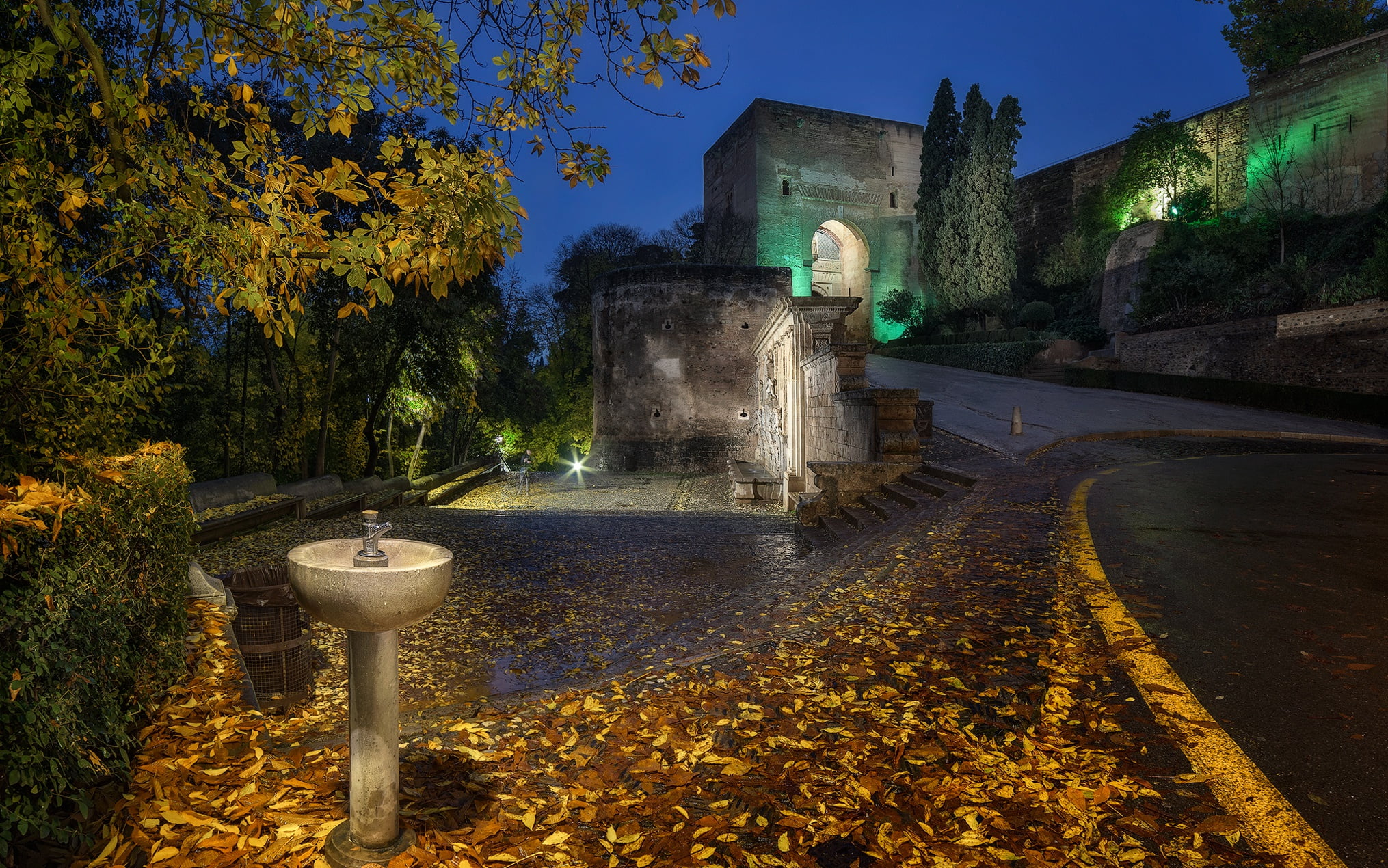 arch, trees, night, Granada, Spain, leaves, 1080P, the bushes, wall, autumn, Palace, Alhambra, road, lights, HD Wallpaper