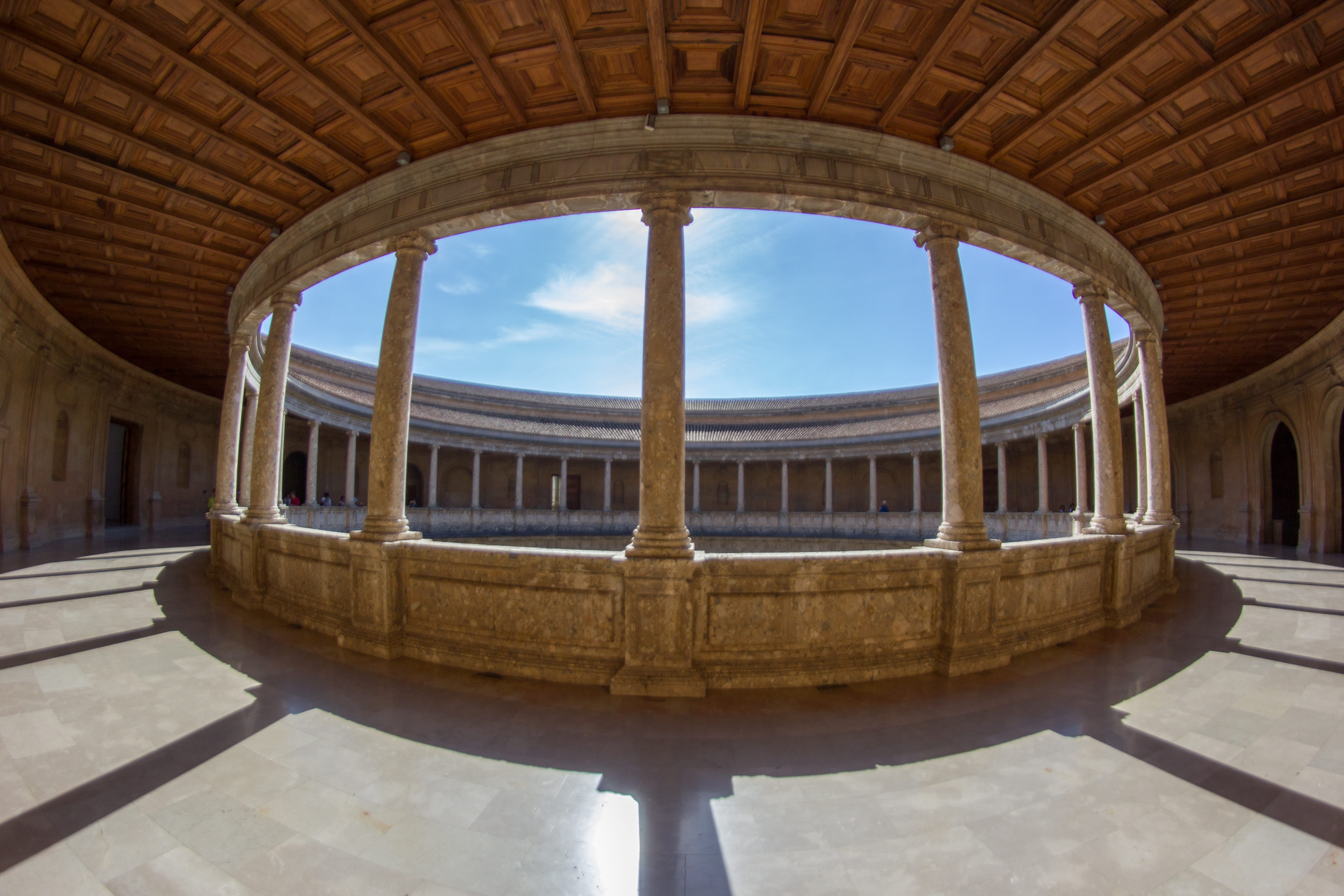travel destinations, tourism, lights and shadows, nature, photo, granada, ceiling, light, travel, shadows, city, luxury, sun, palacio carlos v, column, HD Wallpaper