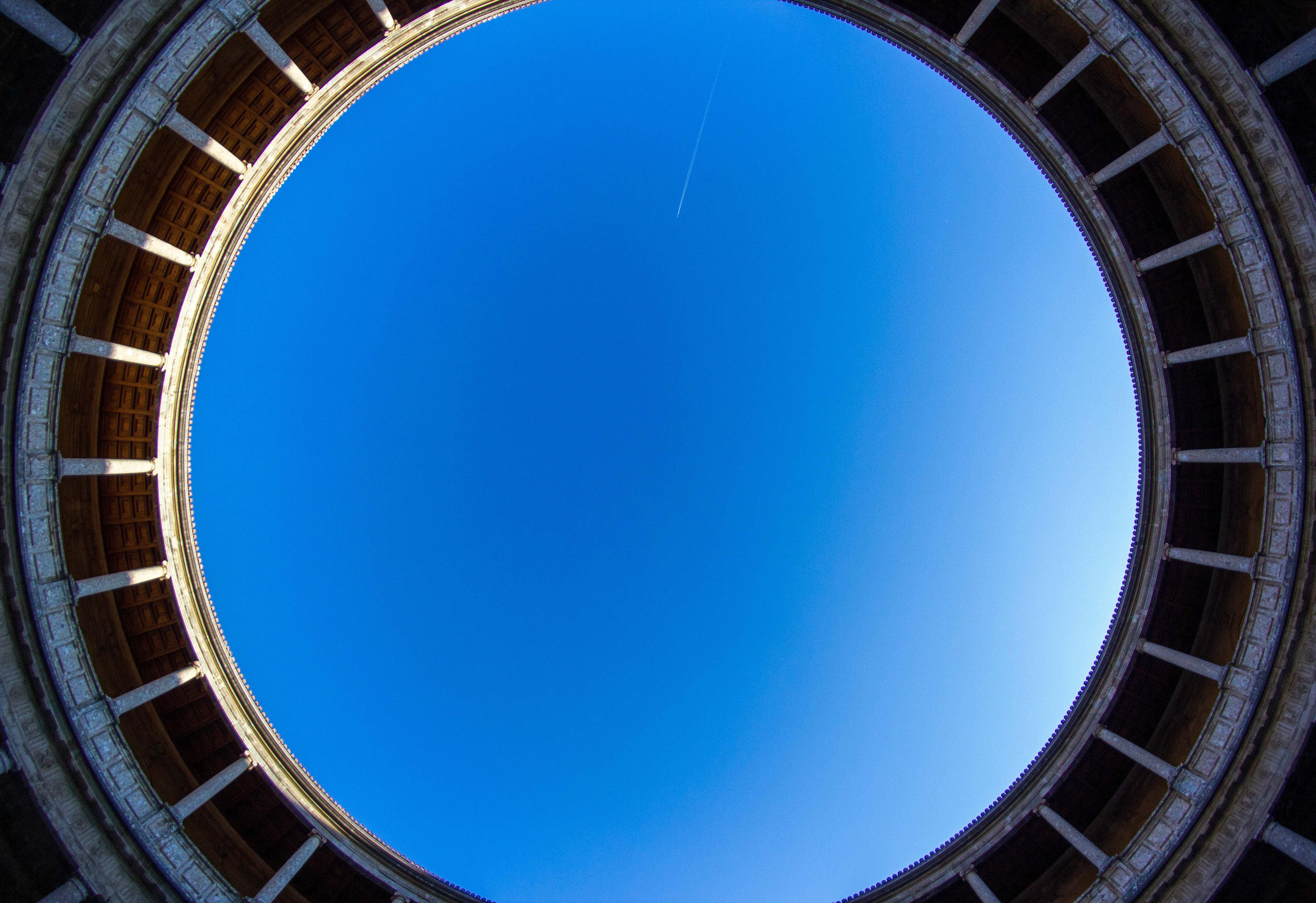 sky, fish-eye lens, palacio de carlos v, 4K, tourism, copy space, directly below, low angle view, andalusia, europe, blue sky, building exterior, concentric, HD Wallpaper